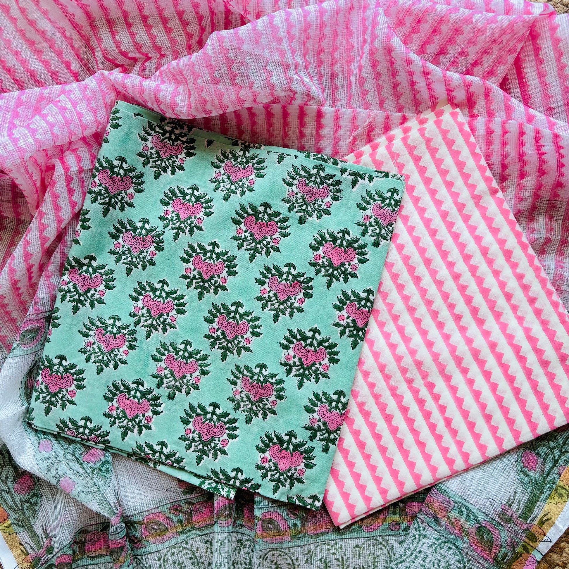 Multicolor Handblock Sukoon unstitched suit