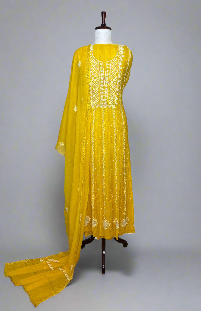 Yellow Pure Mulmul Luckhnavi Ombre Anarkali Unstitched Suit with Pearl Embroidery