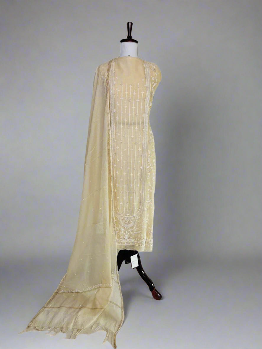 Cream Pure Mulmul Luckhnavi Unstitched Suit with Pearl Embroidery