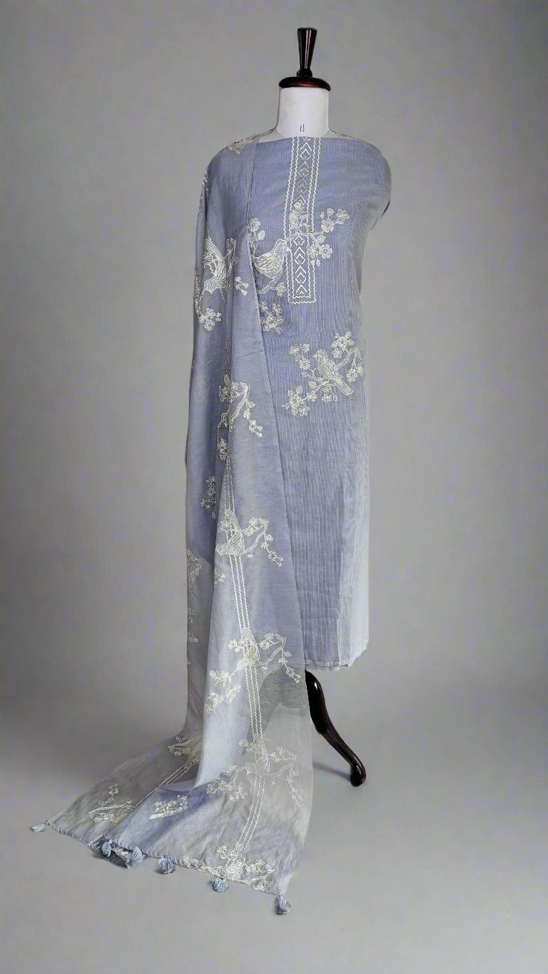 Pure Mulmul Chanderi with stripes and birds embroidery (NBA)
