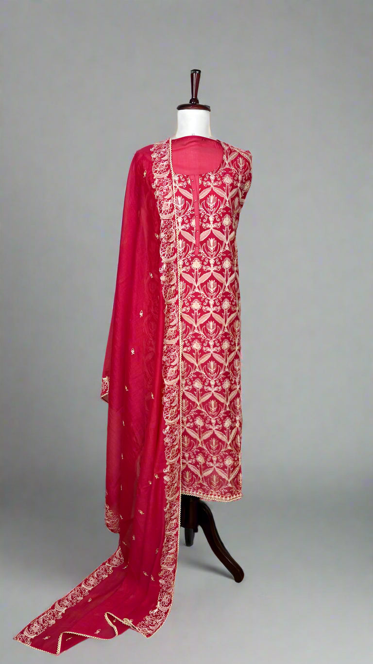 Jaal-e-Bahaar Red Pure Mulmul Chanderi Unstitched Suit