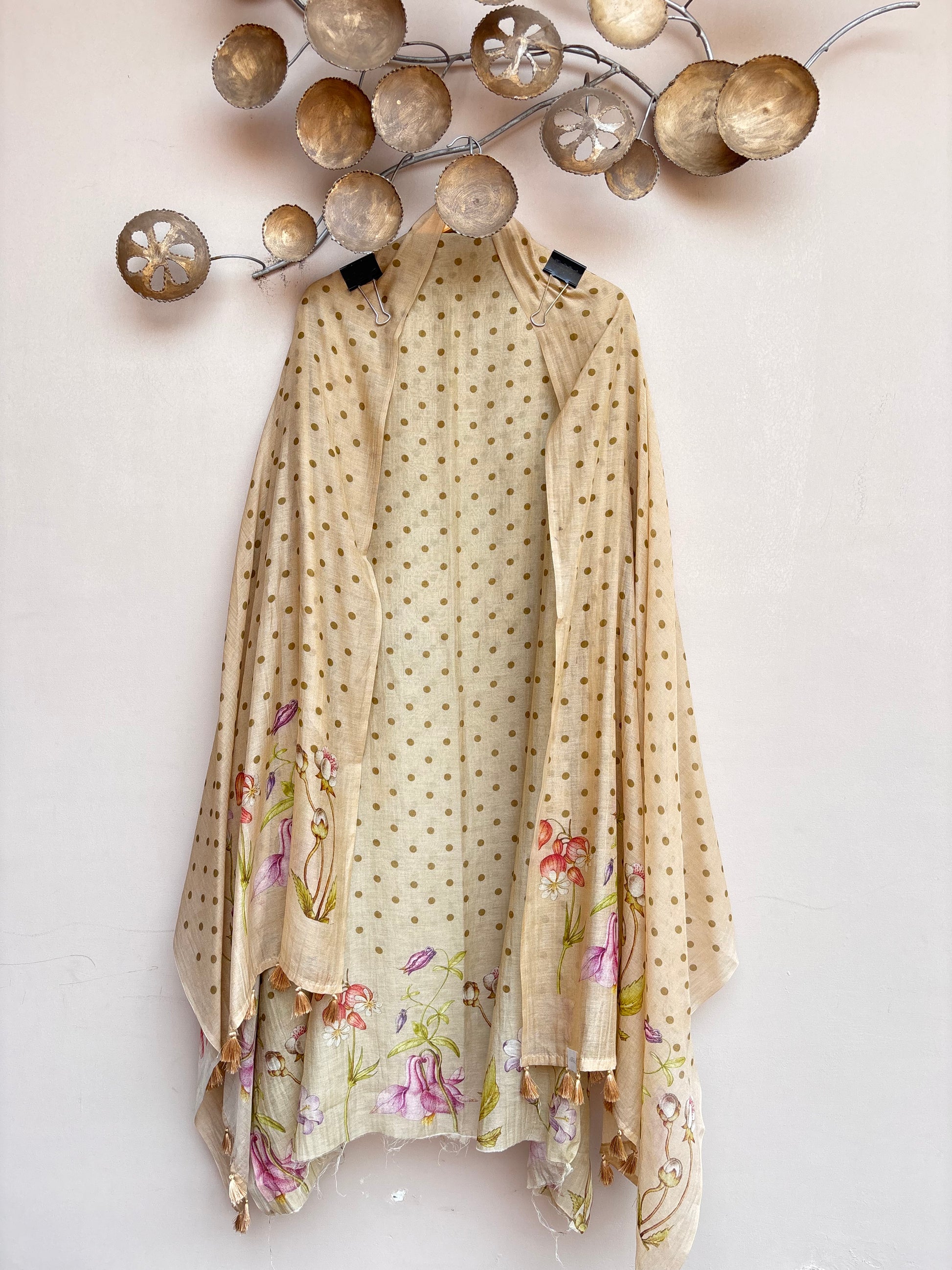 Pure Mulmul Chanderi Floral Printed Suit with Tassels