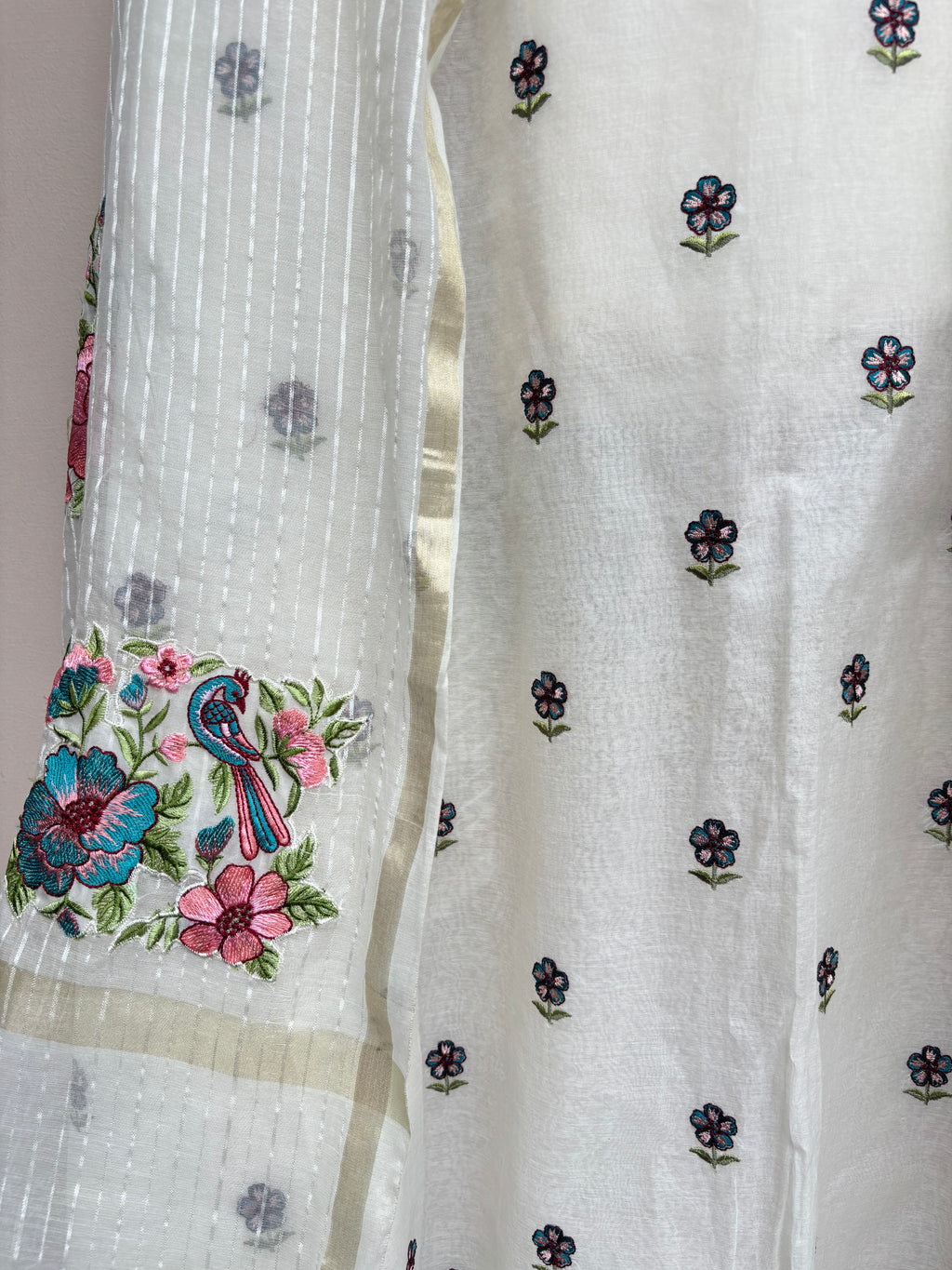 White Mulmul Chanderi with Floral Embroidery Suit