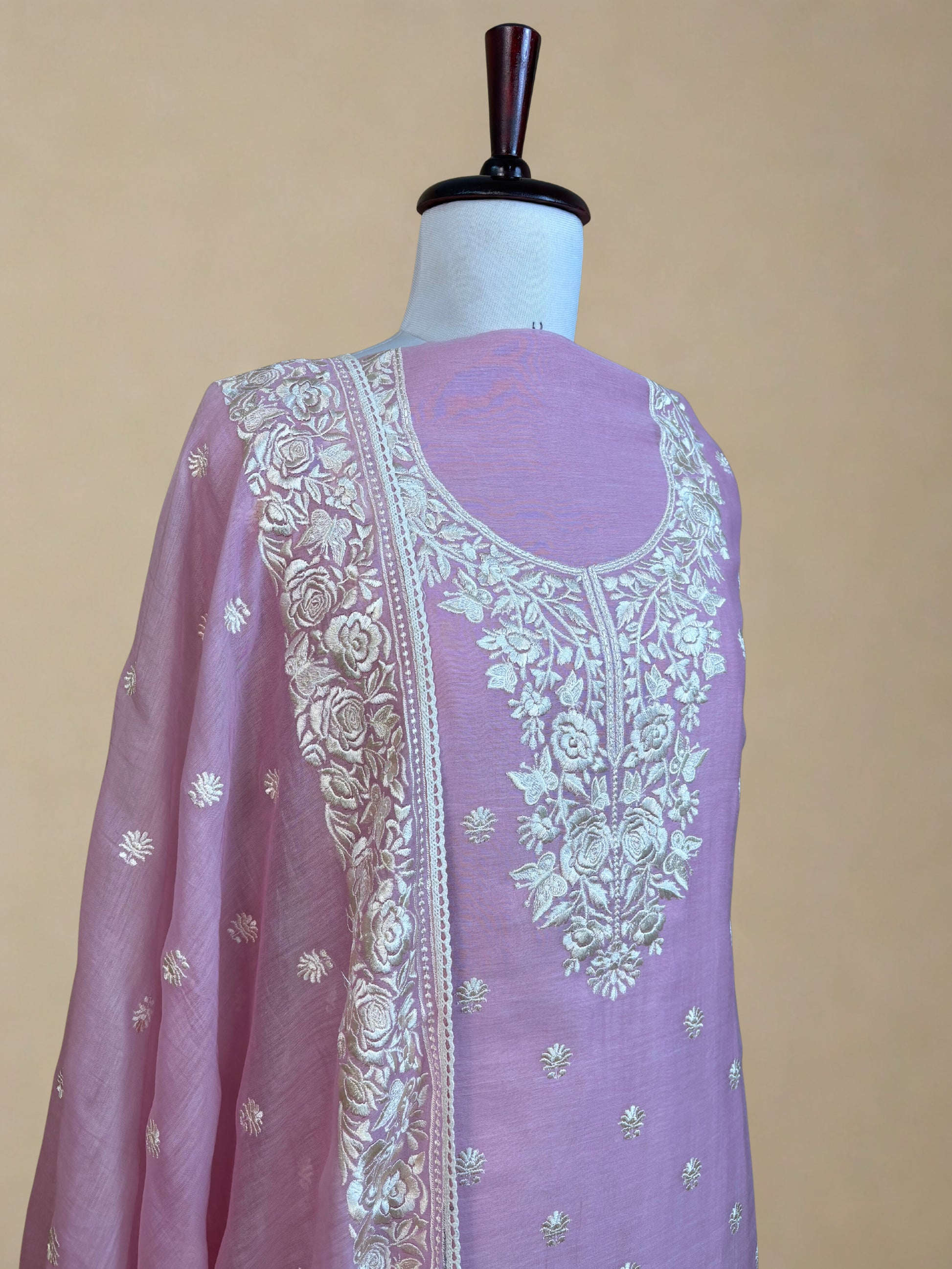 Pink Mulmul Chanderi Thread Embroidery Suit with Dupatta