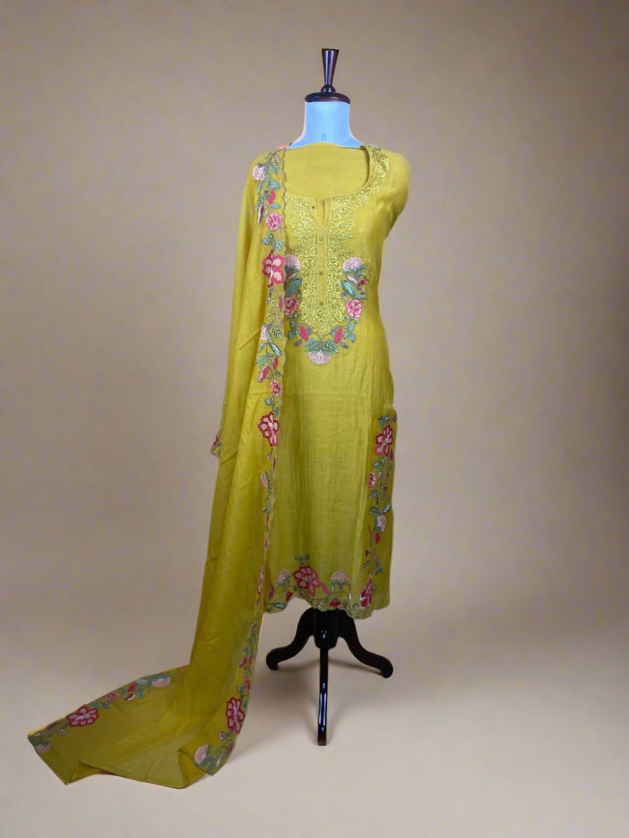 Yellow Mulmul Chanderi with Multi Colour Thread Embroidery Suit