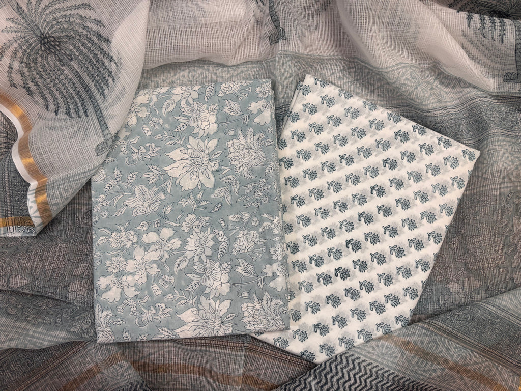 Light Blue Handblock Unstitched Suit