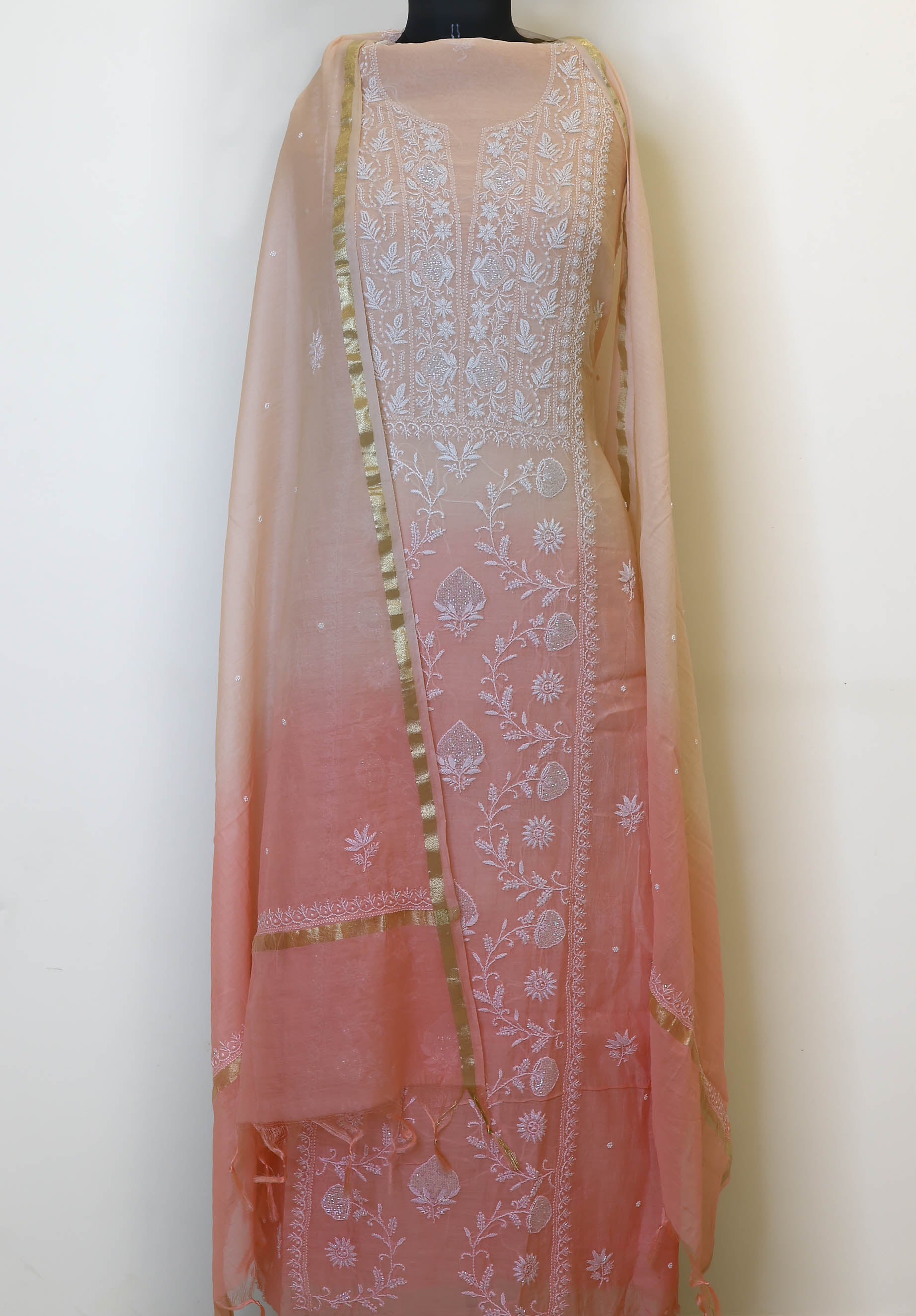 Pure Mulmul Luckhnavi Ombre Unstitched Suit with Pearl Embroidery
