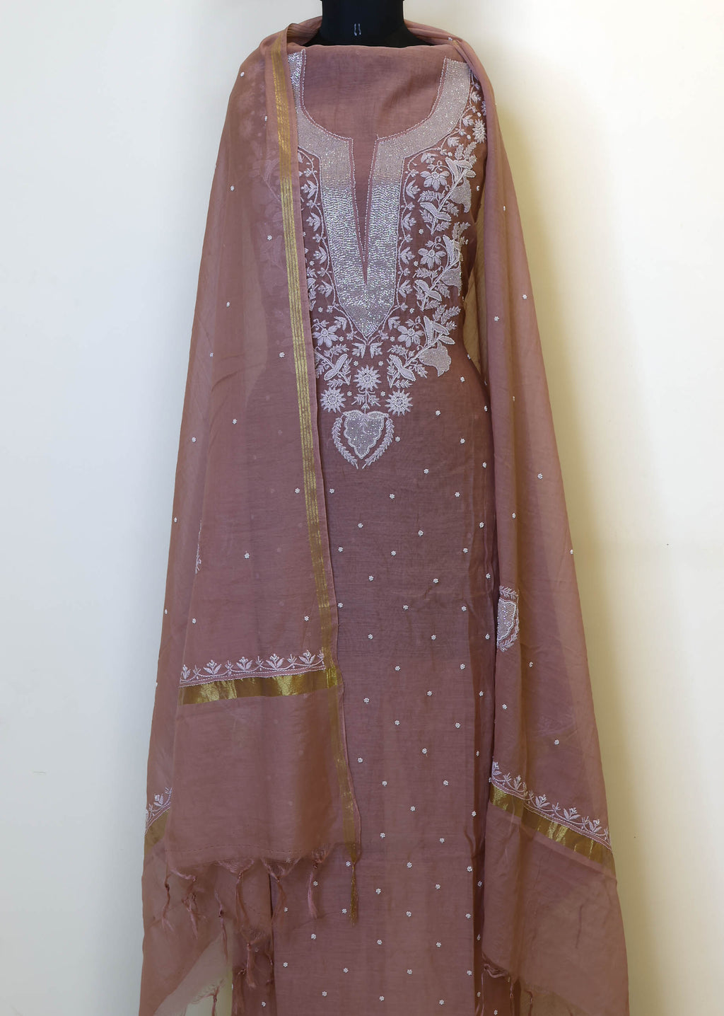 Pure Mulmul Luckhnavi Unstitched Suit with Pearl and Sequence Embroidery