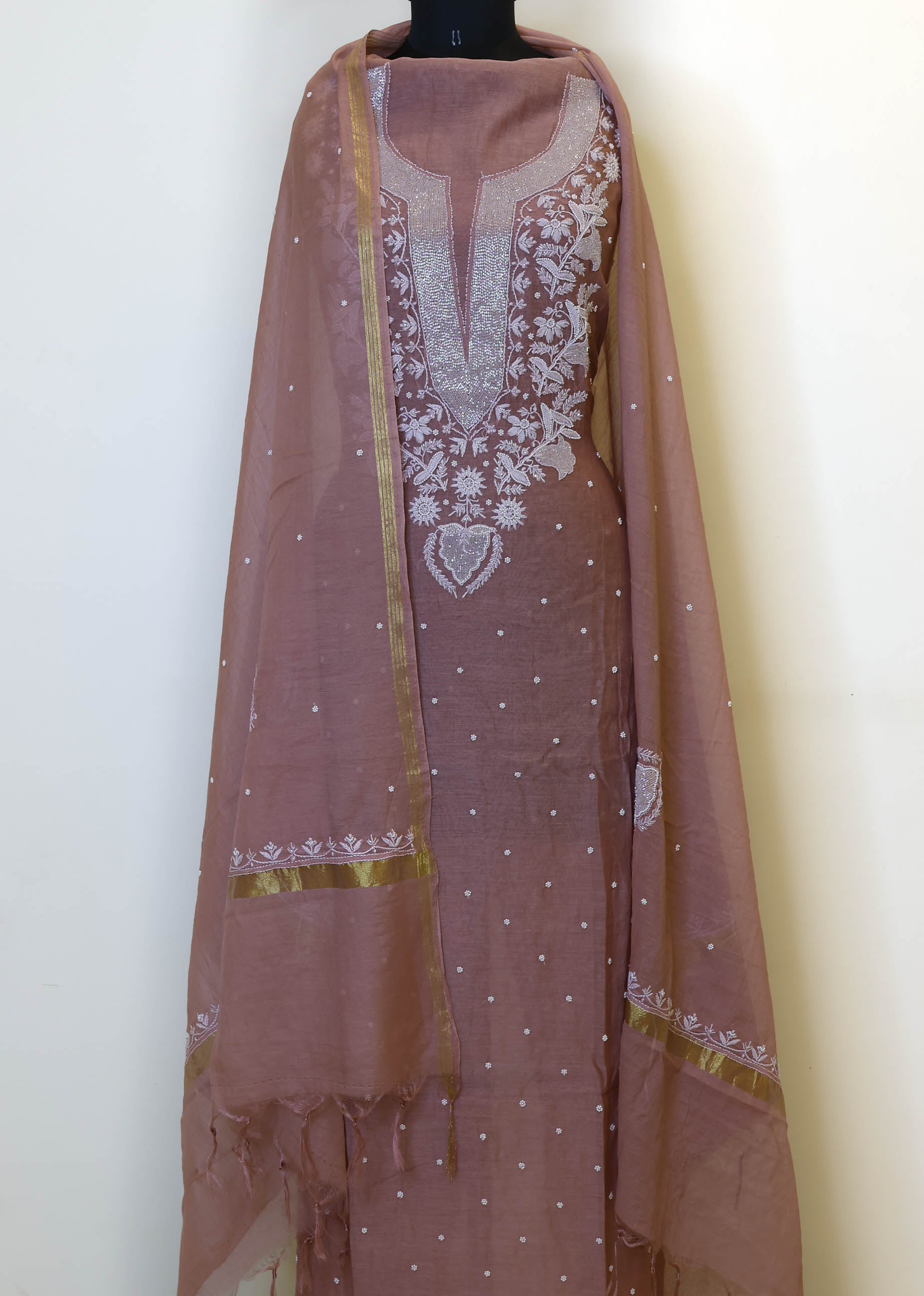 Pure Mulmul Luckhnavi Unstitched Suit with Pearl and Sequence Embroidery