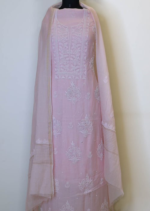 Baby Pink Pure Mulmul Luckhnavi Unstitched Suit with Pearl Embroidery