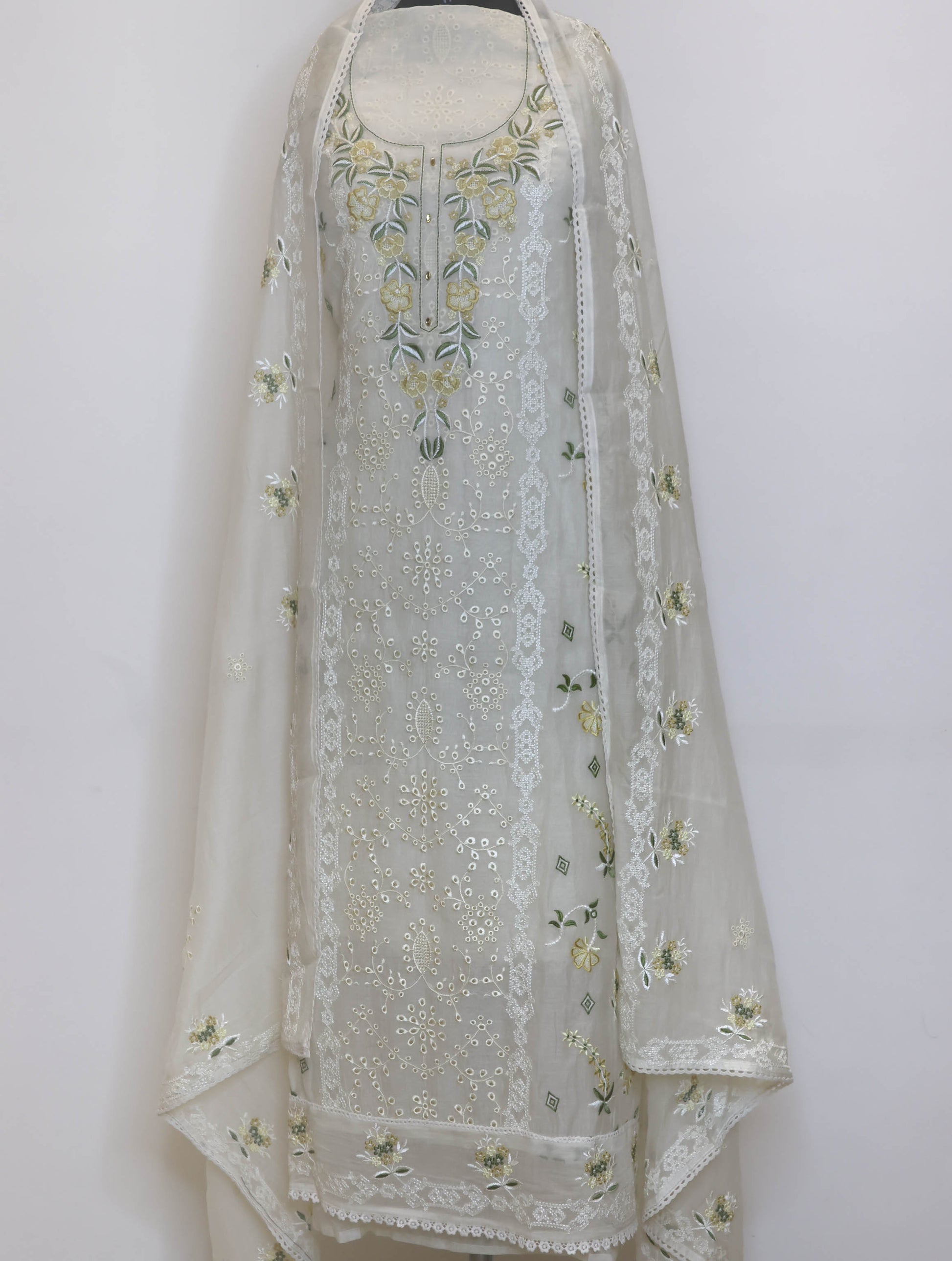 Pure Mulmul Chanderi Unstitched Suit with Floral Embroidery