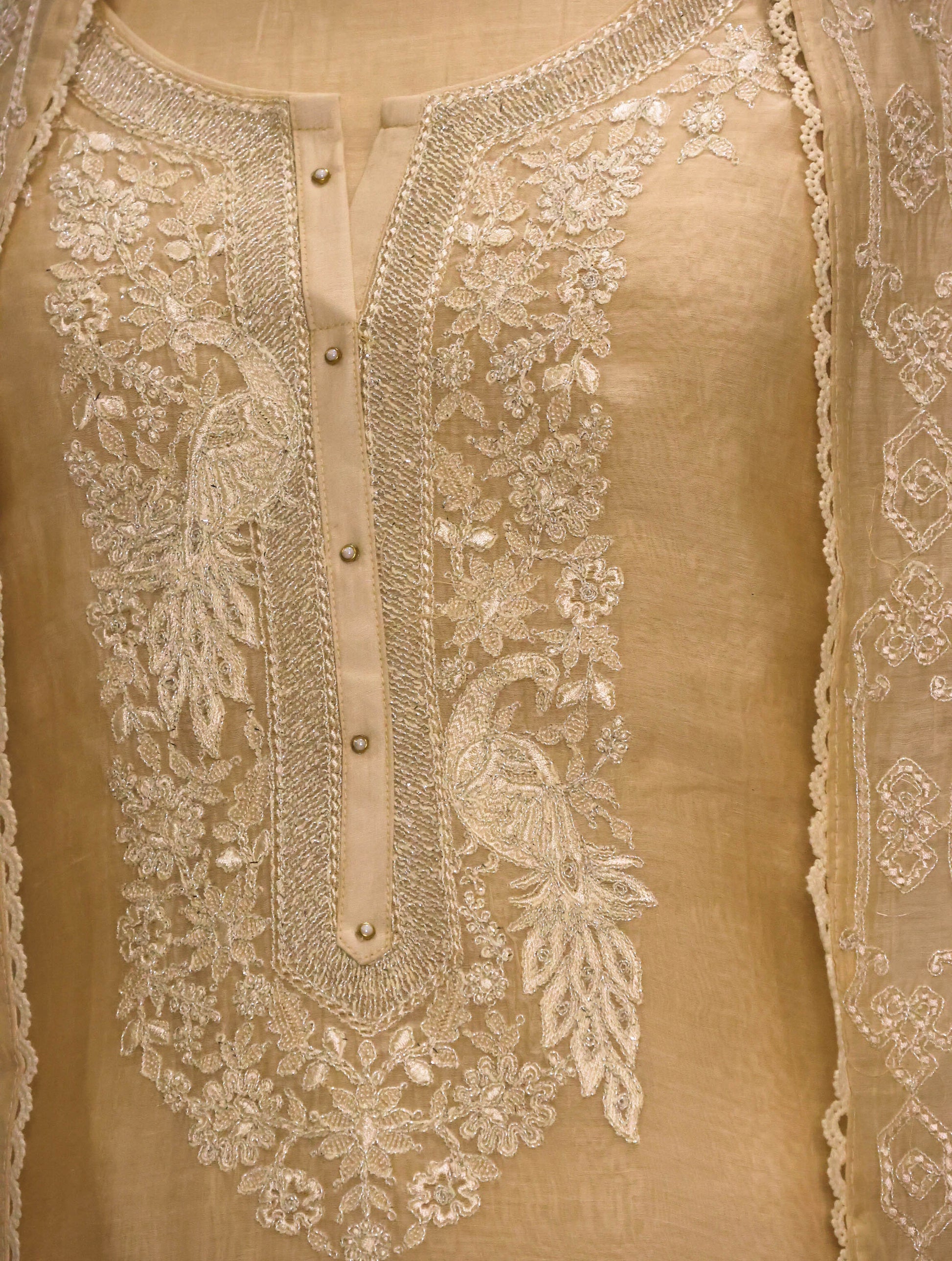 Beige Pure Mulmul Chanderi Unstitched Suit With Embroidery