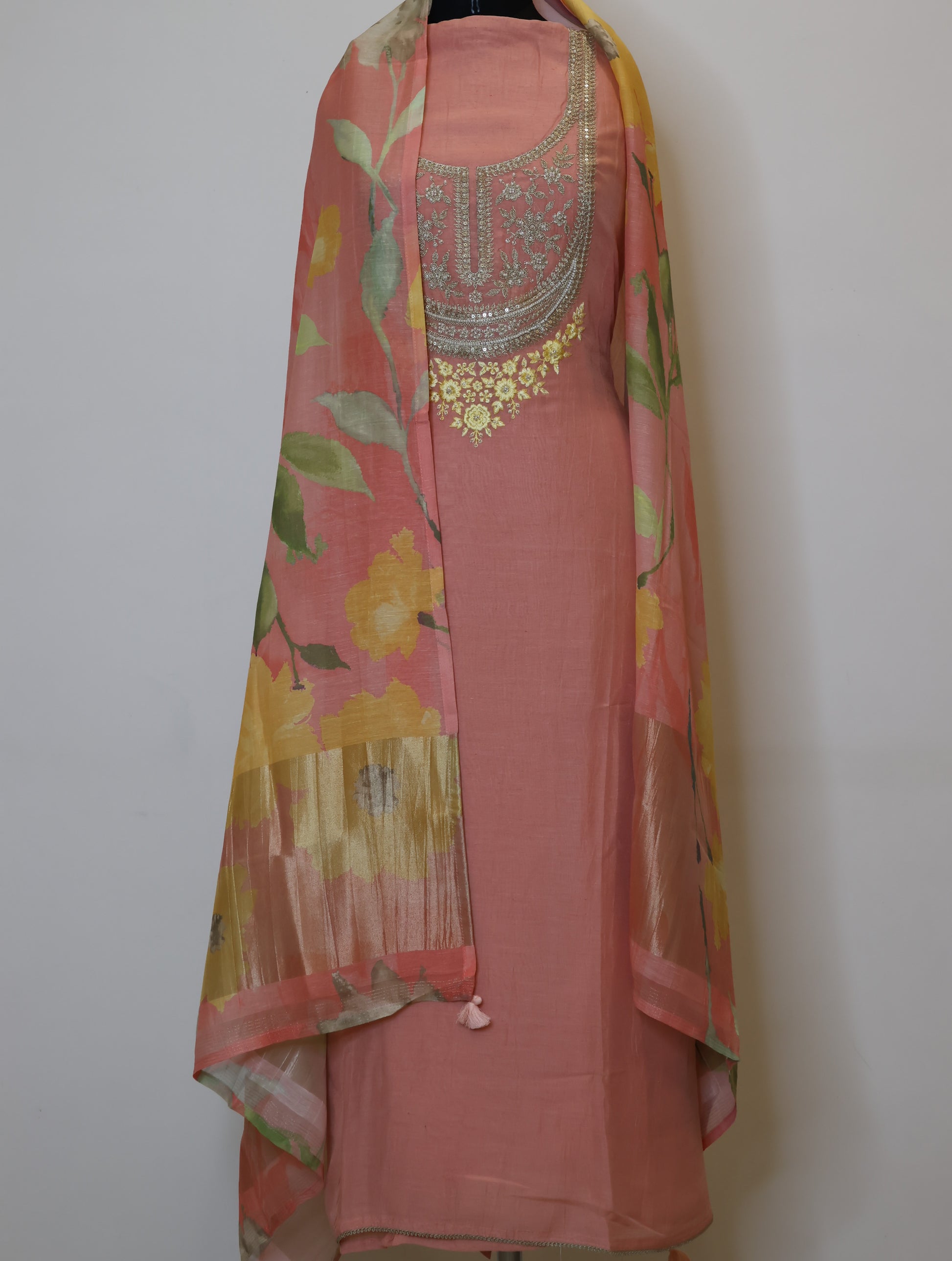 Linen Unstitched Suit with Zari embroidery on neckline and digital print floral dupatta