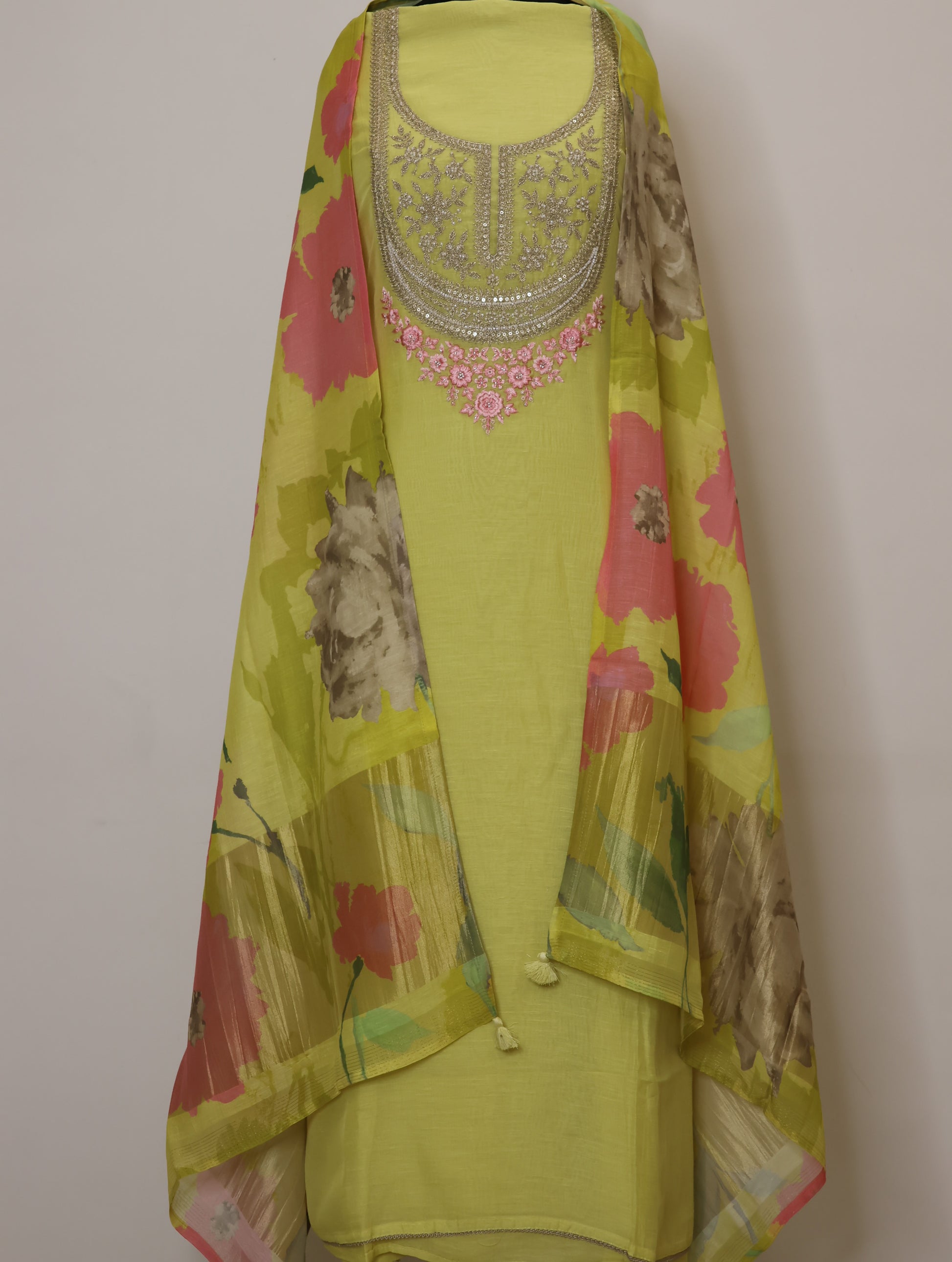 Yellow Linen Unstitched Suit with Zari embroidery on neckline and digital print floral dupatta