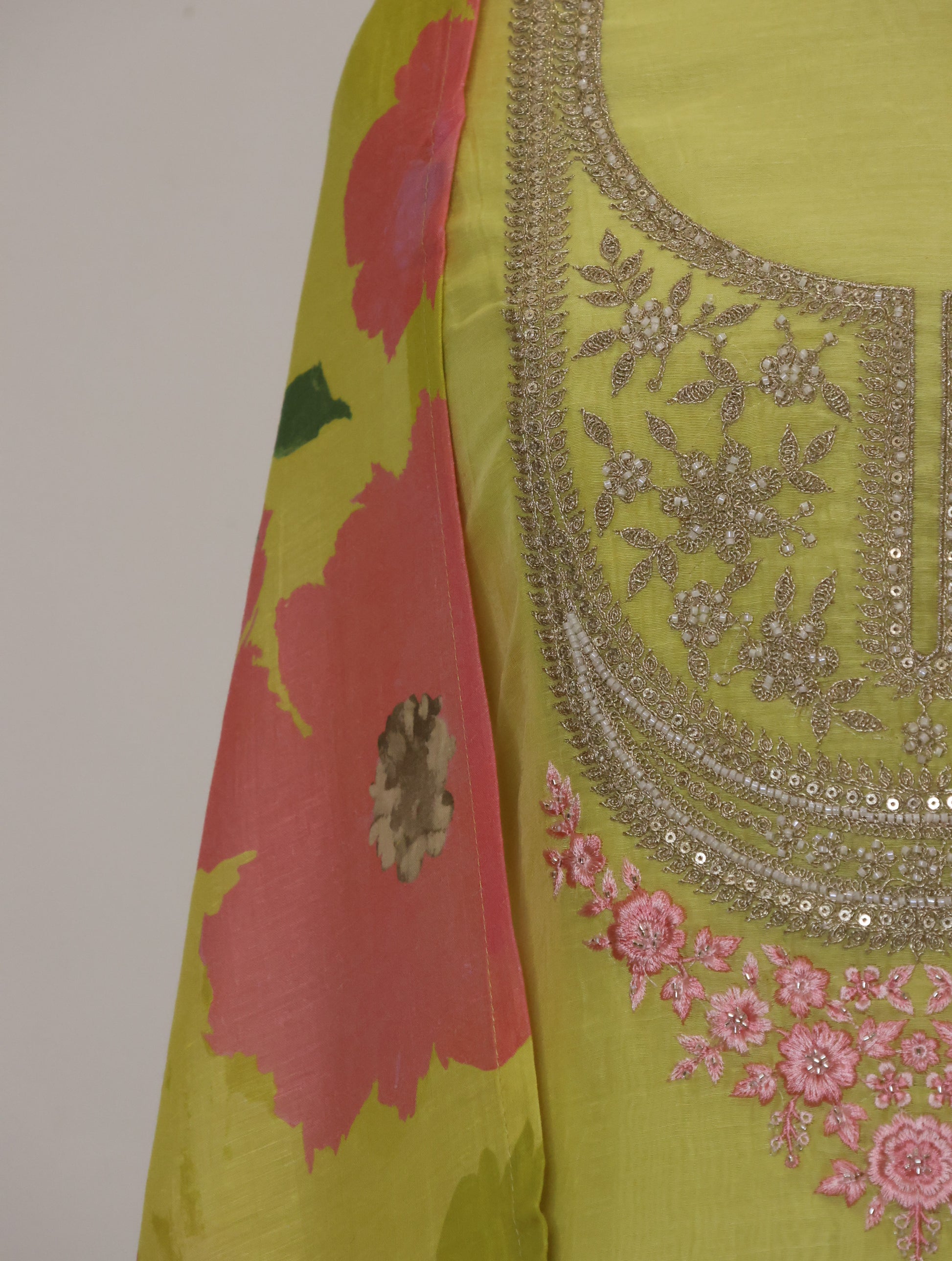 Yellow Linen Unstitched Suit with Zari embroidery on neckline and digital print floral dupatta