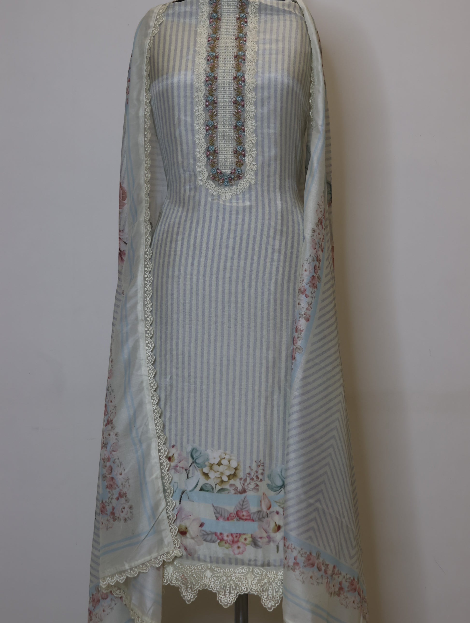 Floral Muslin stripes Unstitched suit with laces