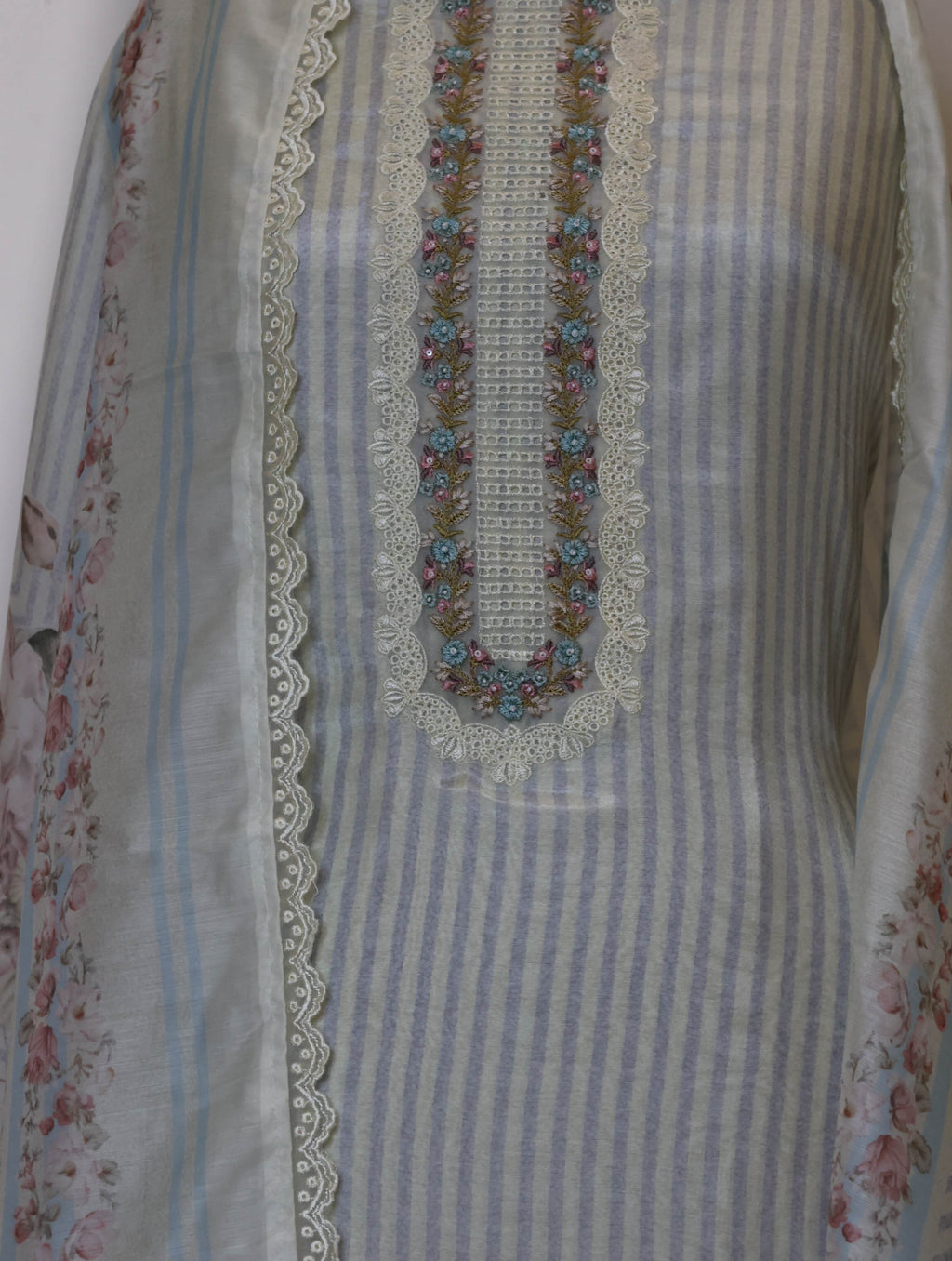 Floral Muslin stripes Unstitched suit with laces