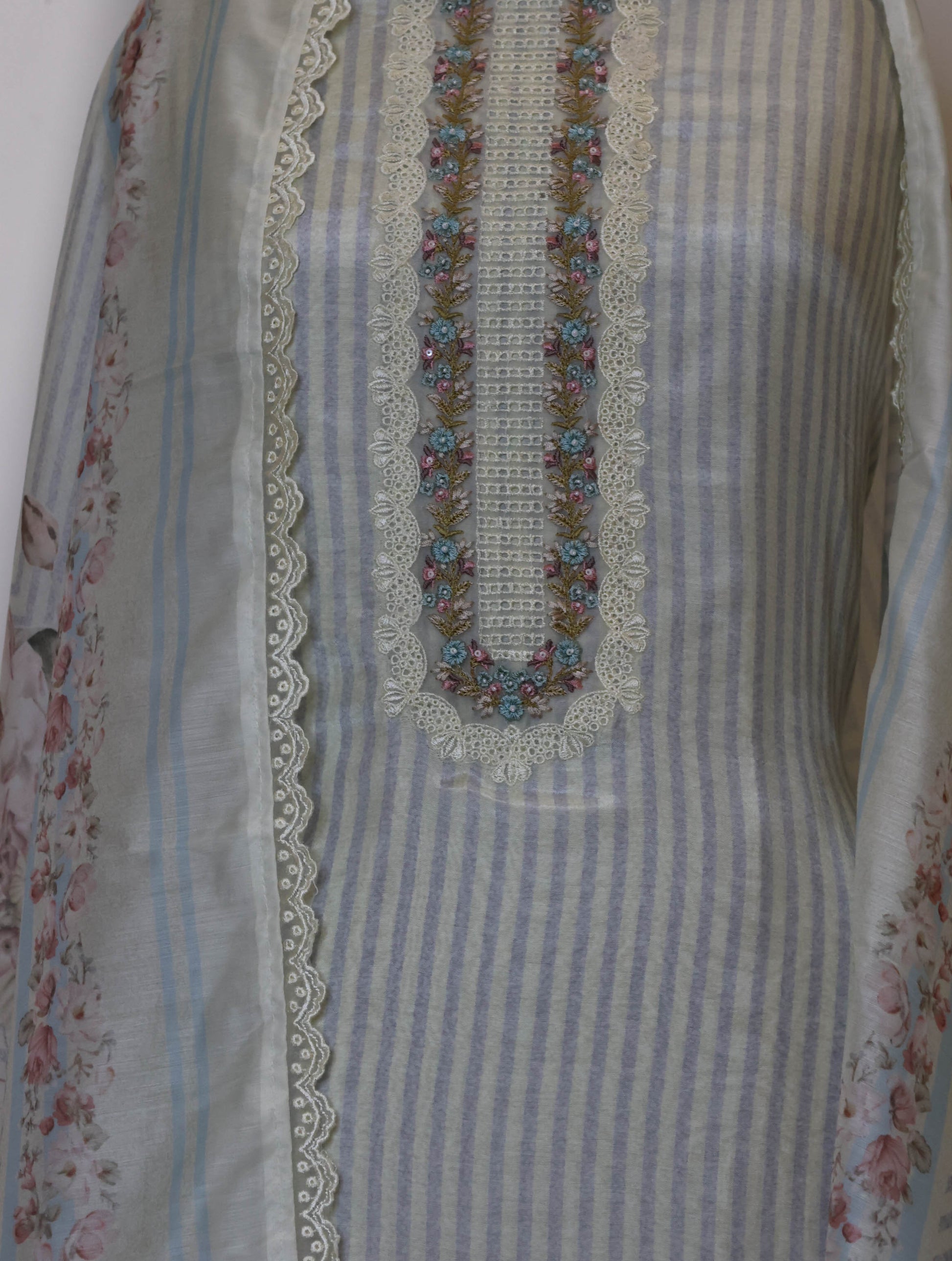 Floral Muslin stripes Unstitched suit with laces