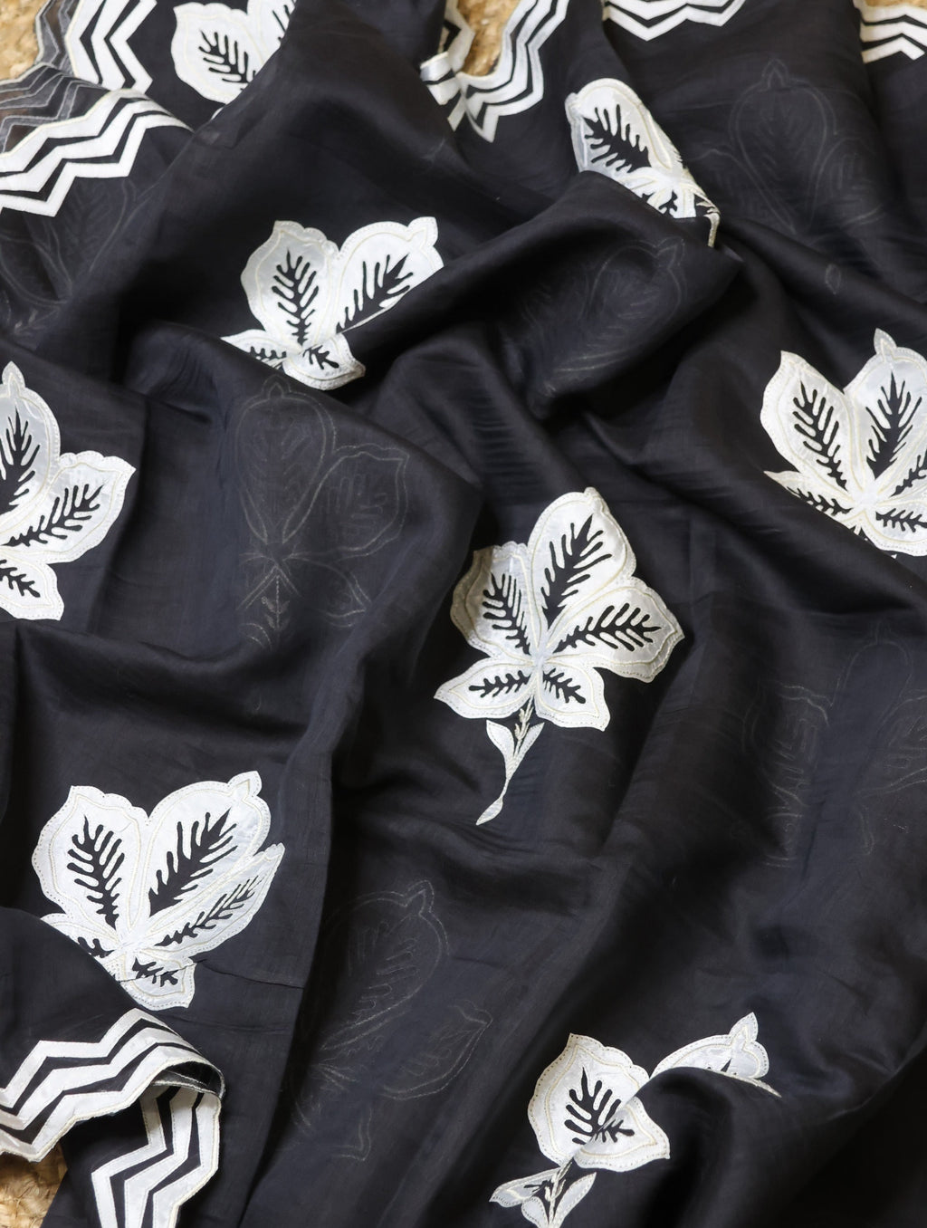 Pure Mulmul Chanderi Unstitched Suit With White Floral Applique Embroidery