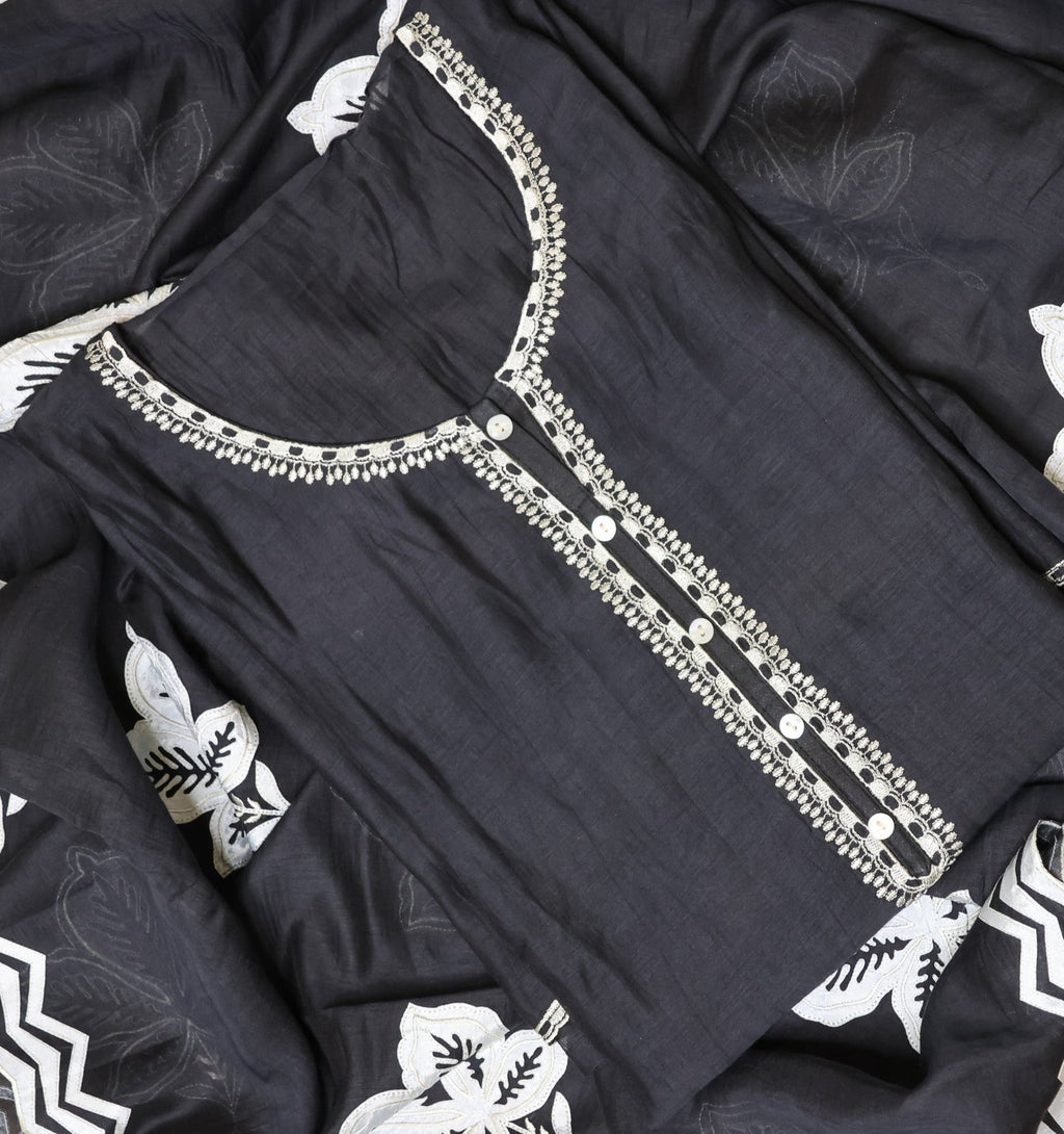 Pure Mulmul Chanderi Unstitched Suit With White Floral Applique Embroidery