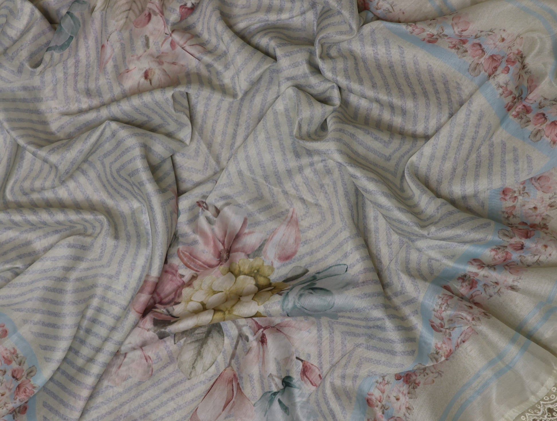 Floral Muslin stripes Unstitched suit with laces