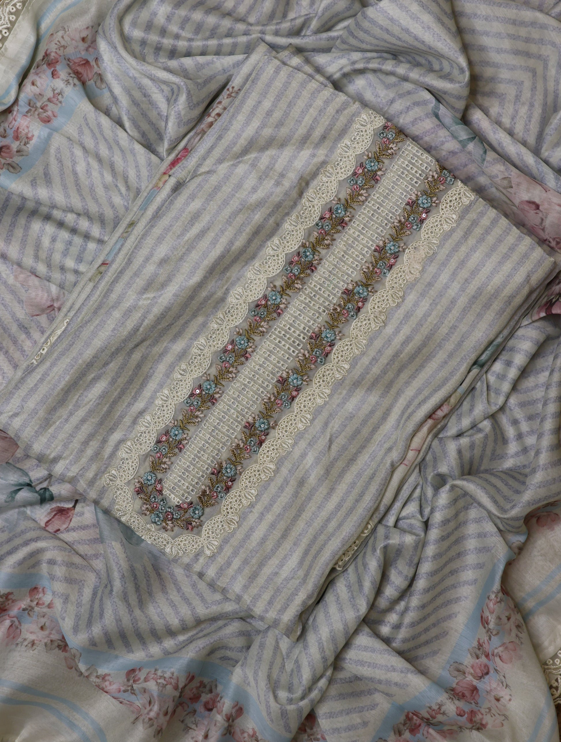 Floral Muslin stripes Unstitched suit with laces