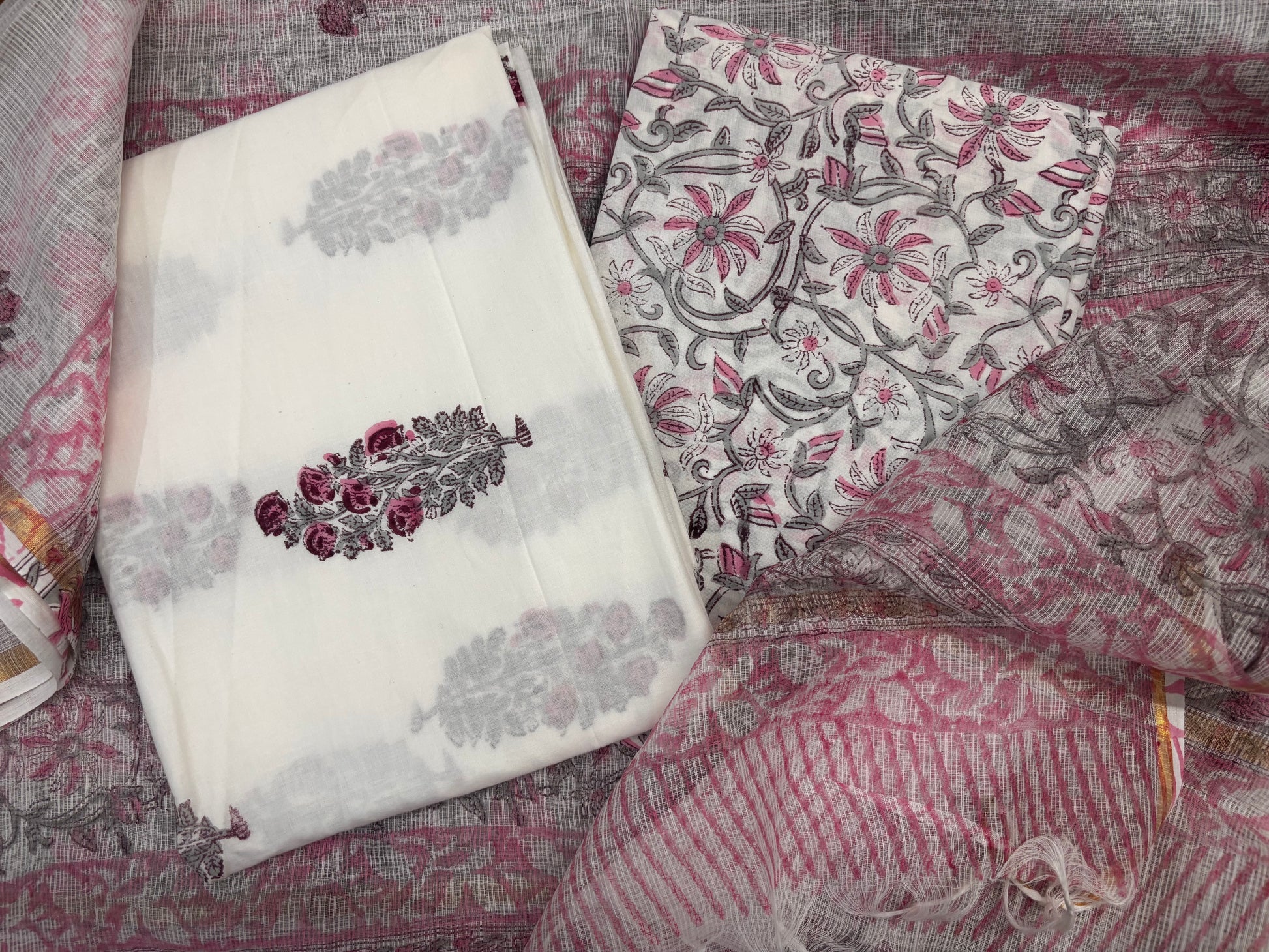 Light Pink Handblock Unstitched Suit