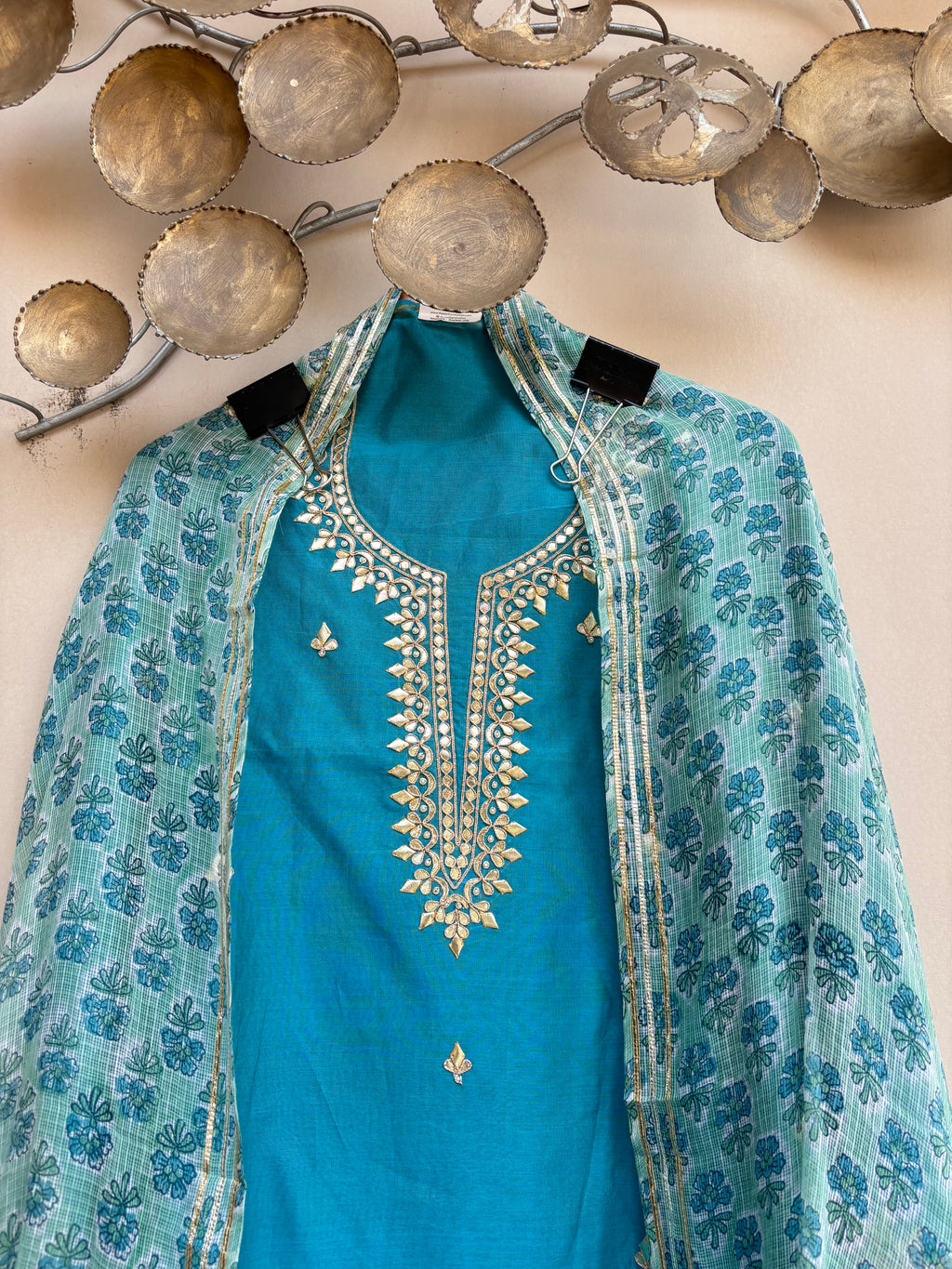 Sky Blue Pure Chanderi with Gota Patti ,Dori and Pearl Hand Embroidery Suit