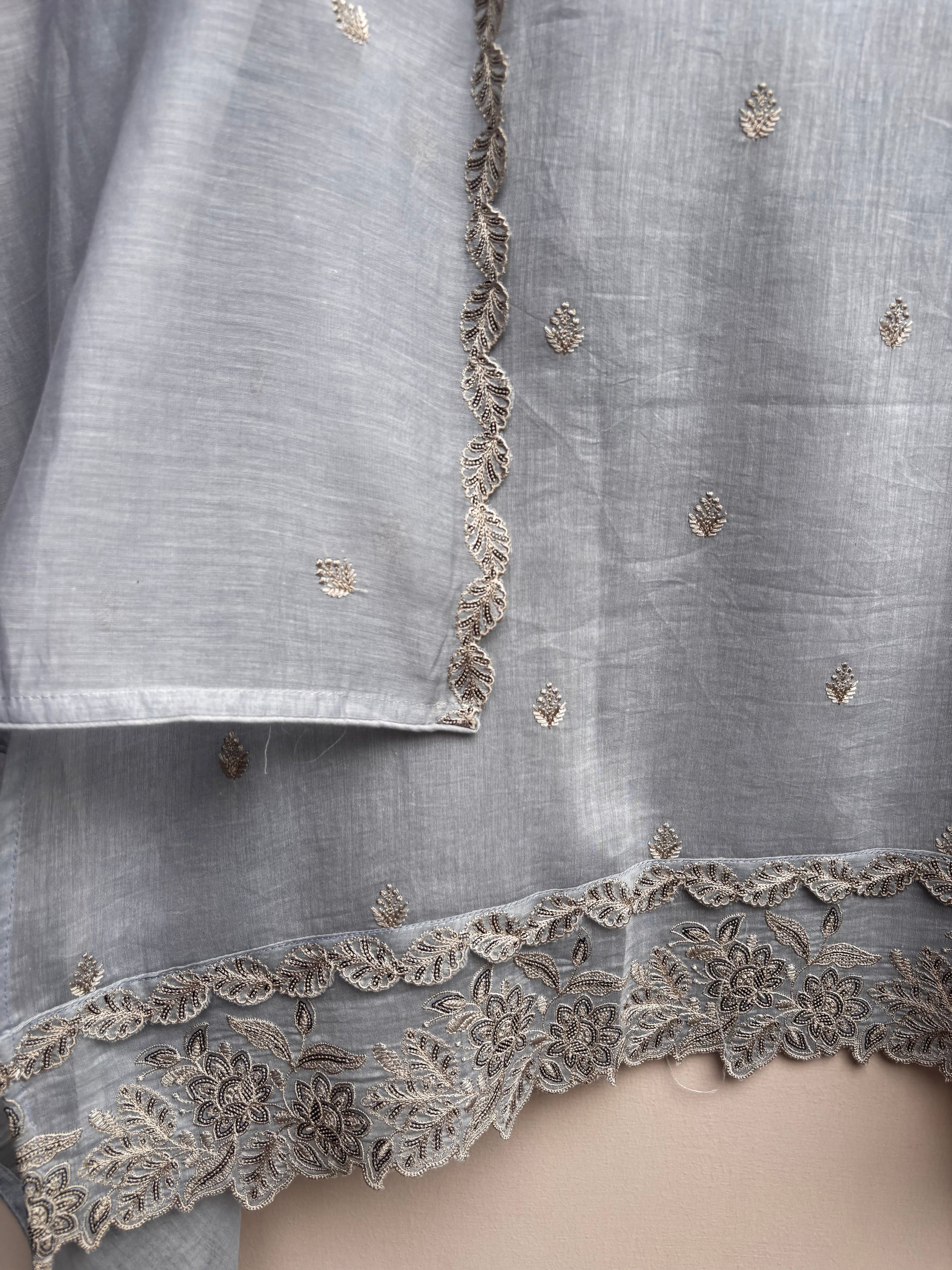 Pure Mulmul Chanderi Suit With Sequence Highlights Embroidery
