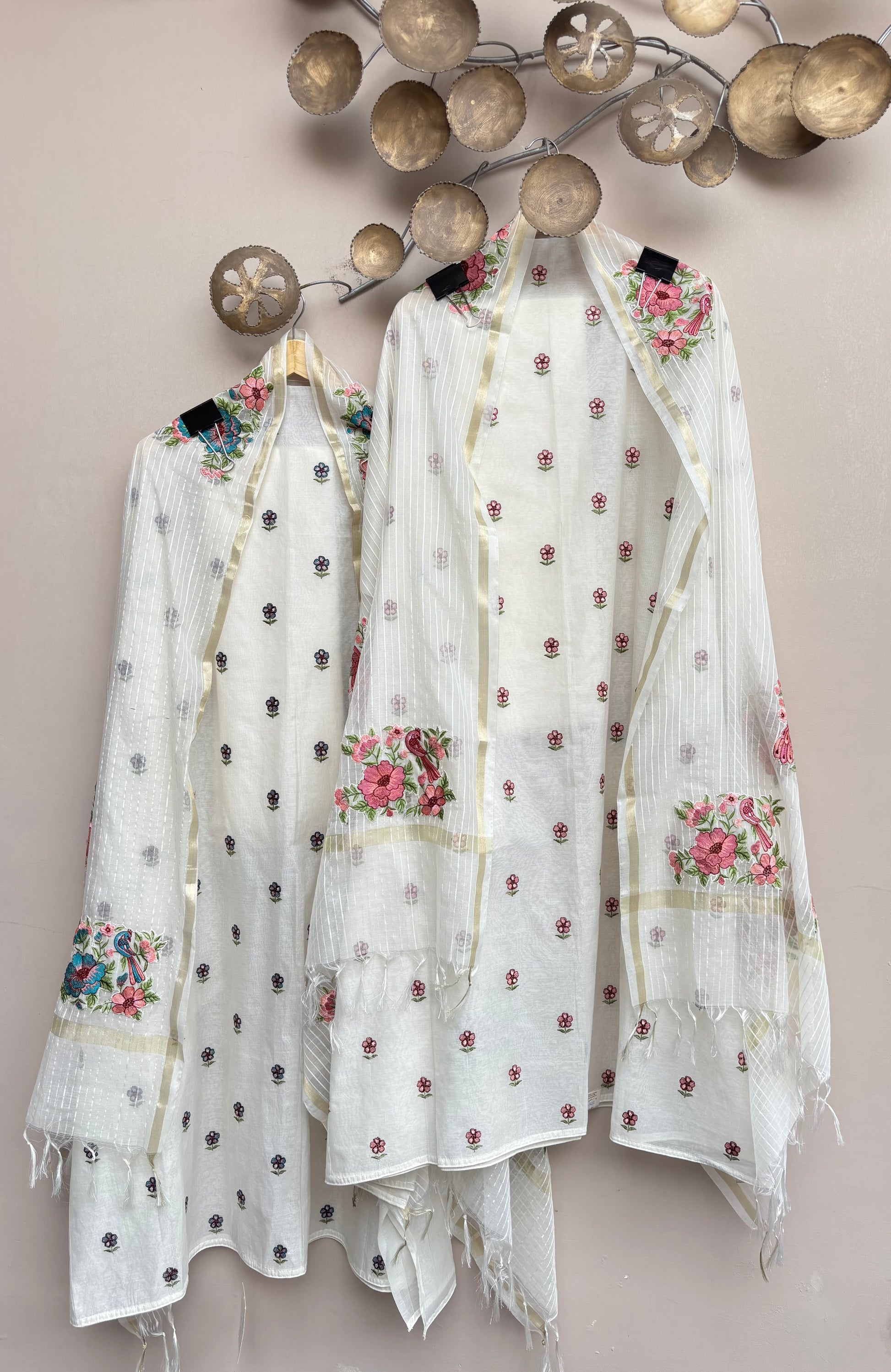 White Mulmul Chanderi with Floral Embroidery Suit