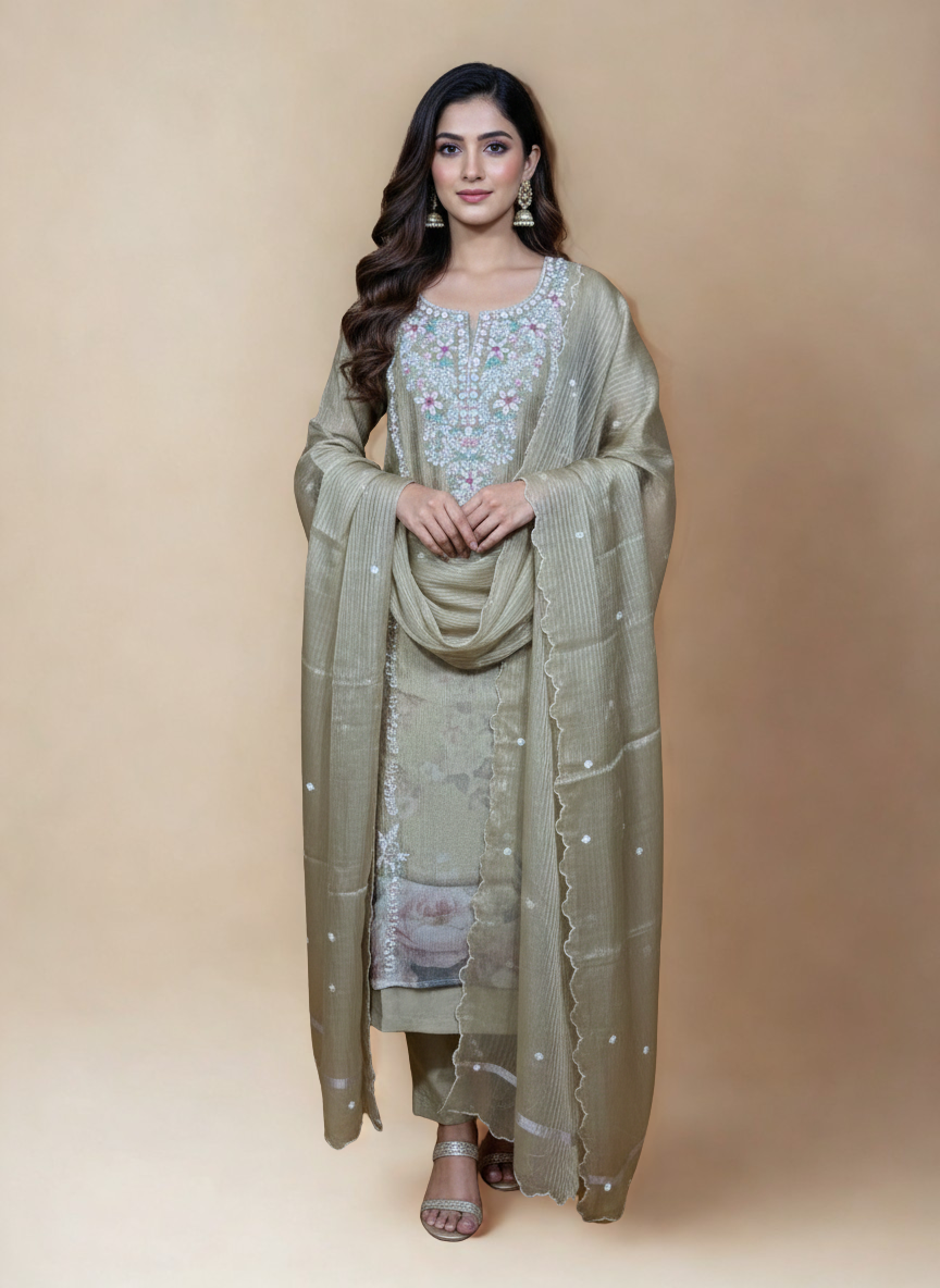 Pure Tissue Crinkled with Sequence Hand Embroidery Suit