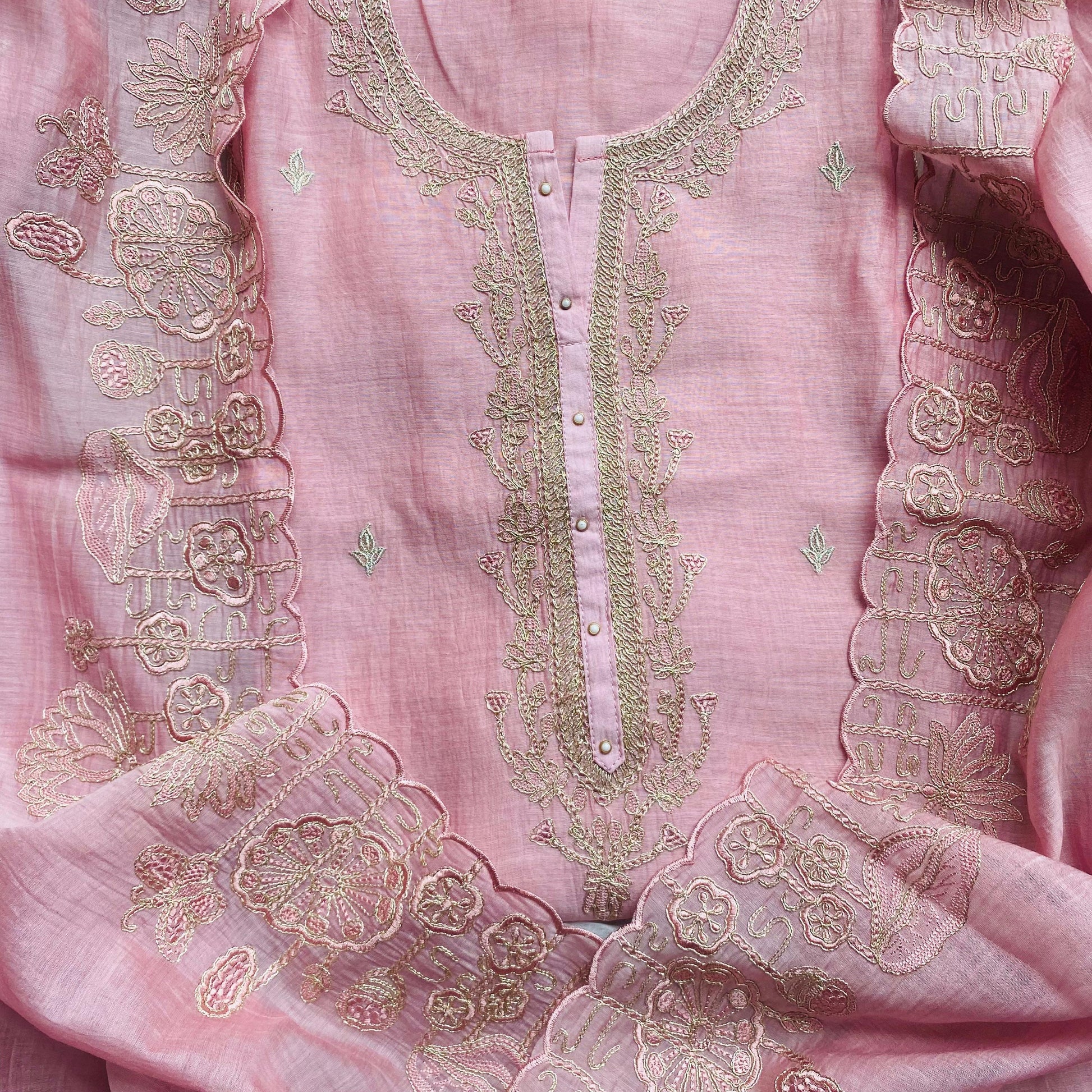 Pure Mulmul Chanderi Unstitched Suit With Zari Thread Embroidery