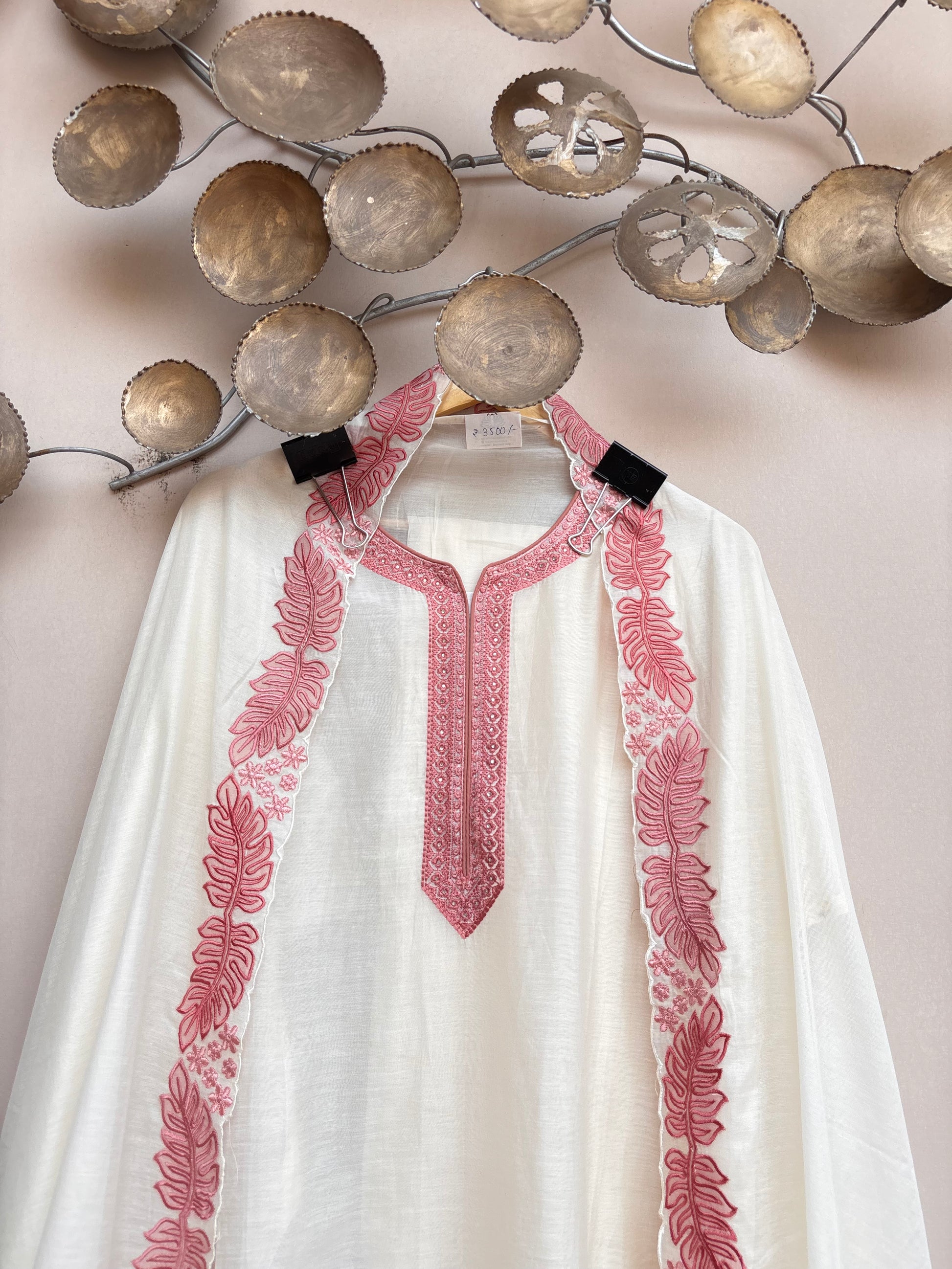 White Mulmul Chanderi suit with soft leaves patchwork embroidery