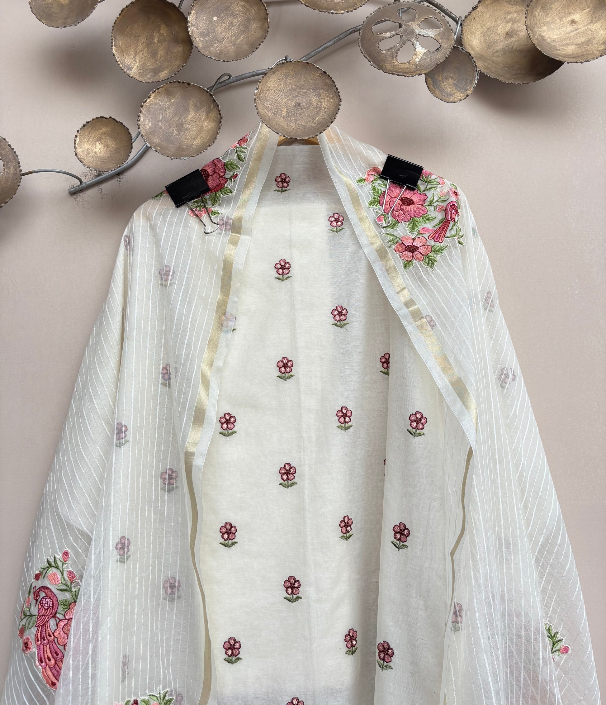 White Mulmul Chanderi with Floral Embroidery Suit