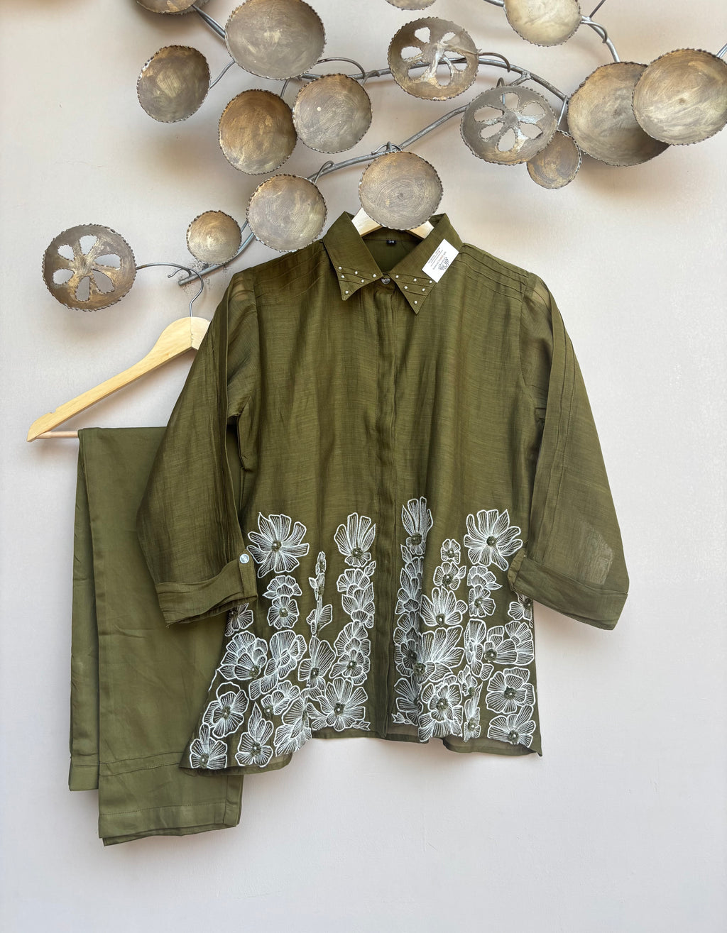 Mehandi Green Mulmul Chanderi Shirt with Pant