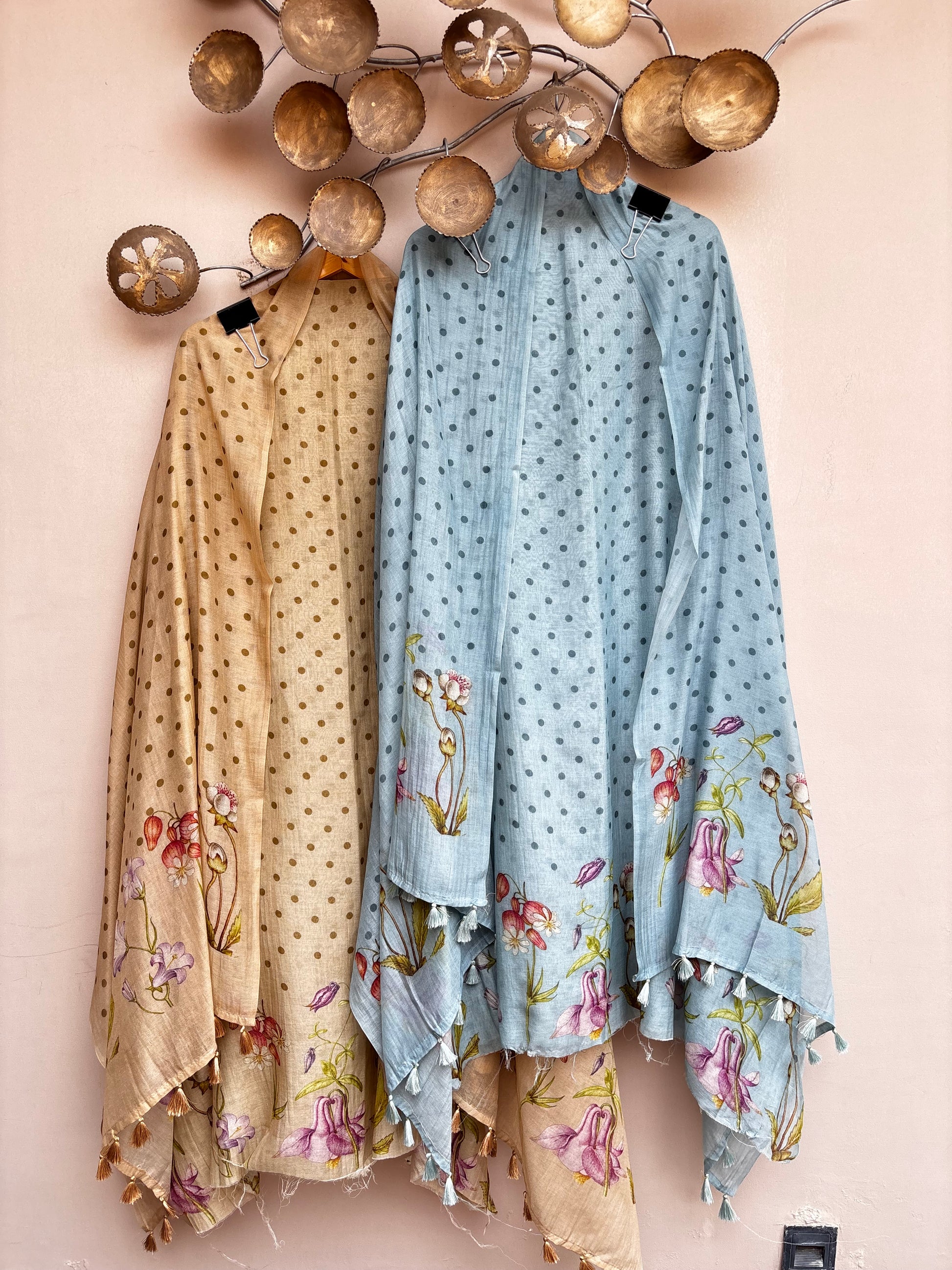 Pure Mulmul Chanderi Floral Printed Suit with Tassels