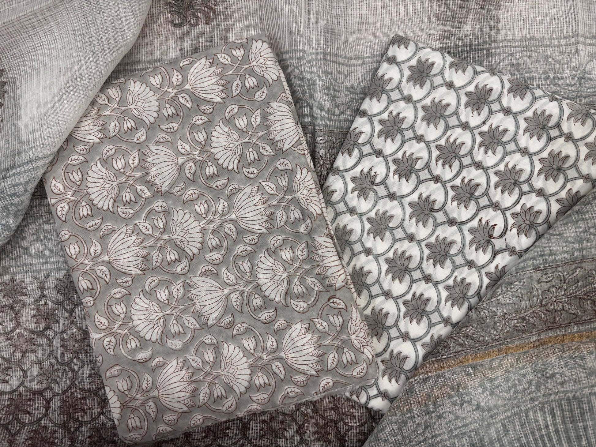 Light Grey Handblock Unstitched Suit