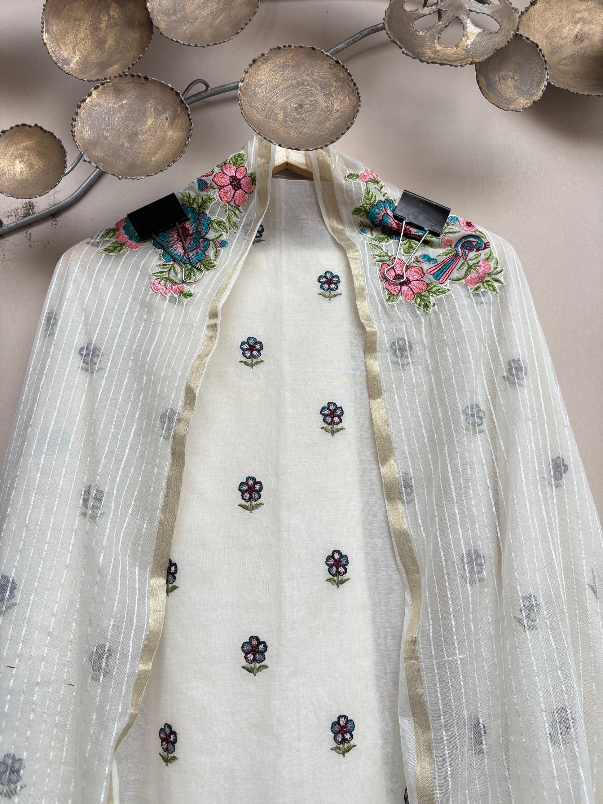 White Mulmul Chanderi with Floral Embroidery Suit
