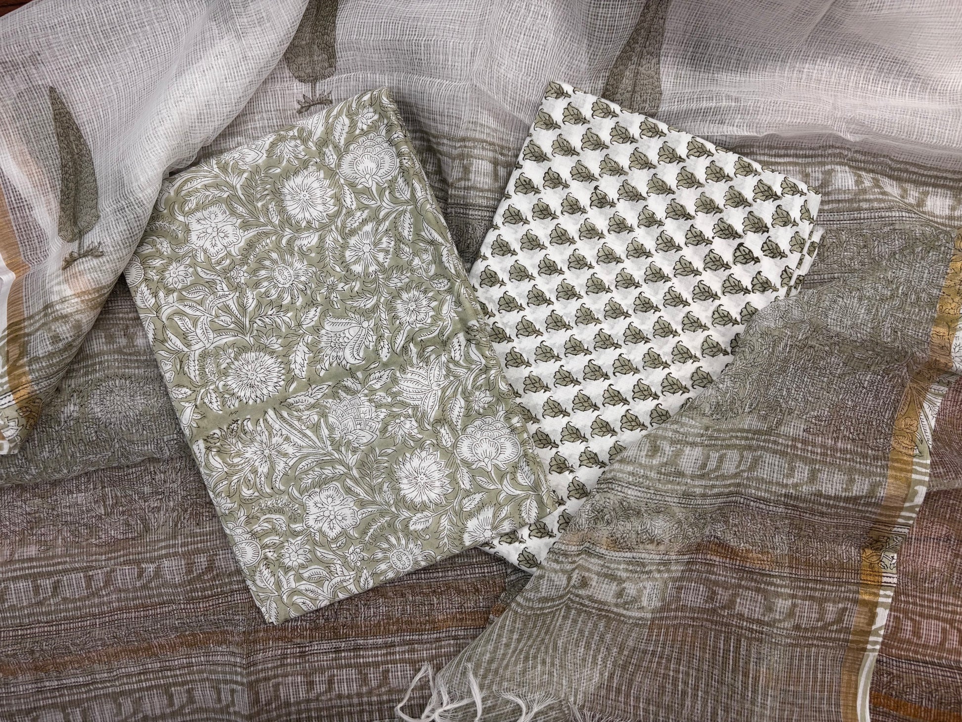 Pista Green Handblock Unstitched Suit