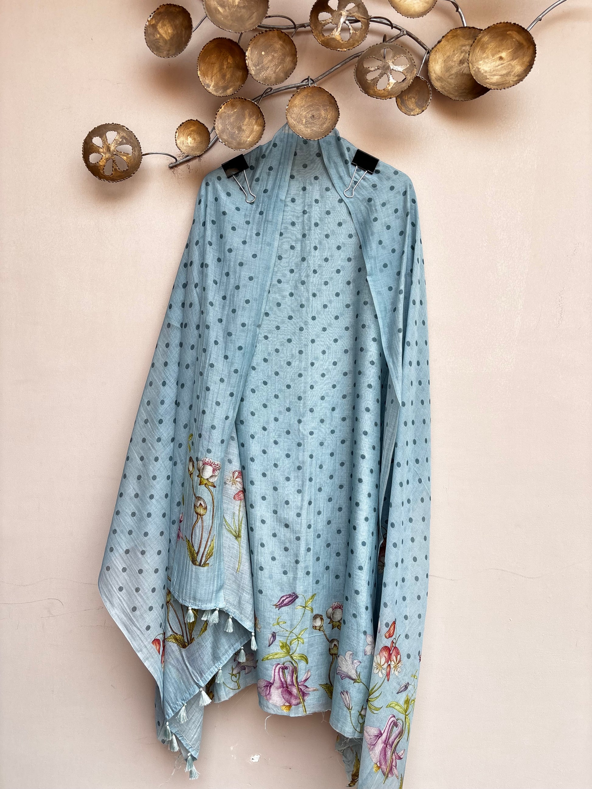 Pure Mulmul Chanderi Floral Printed Suit with Tassels