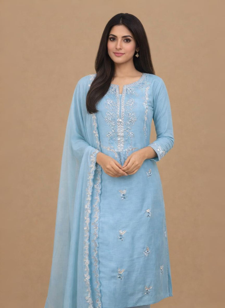 Pure Mulmul Chanderi with Pitta Sequence Hand embroidery Suit