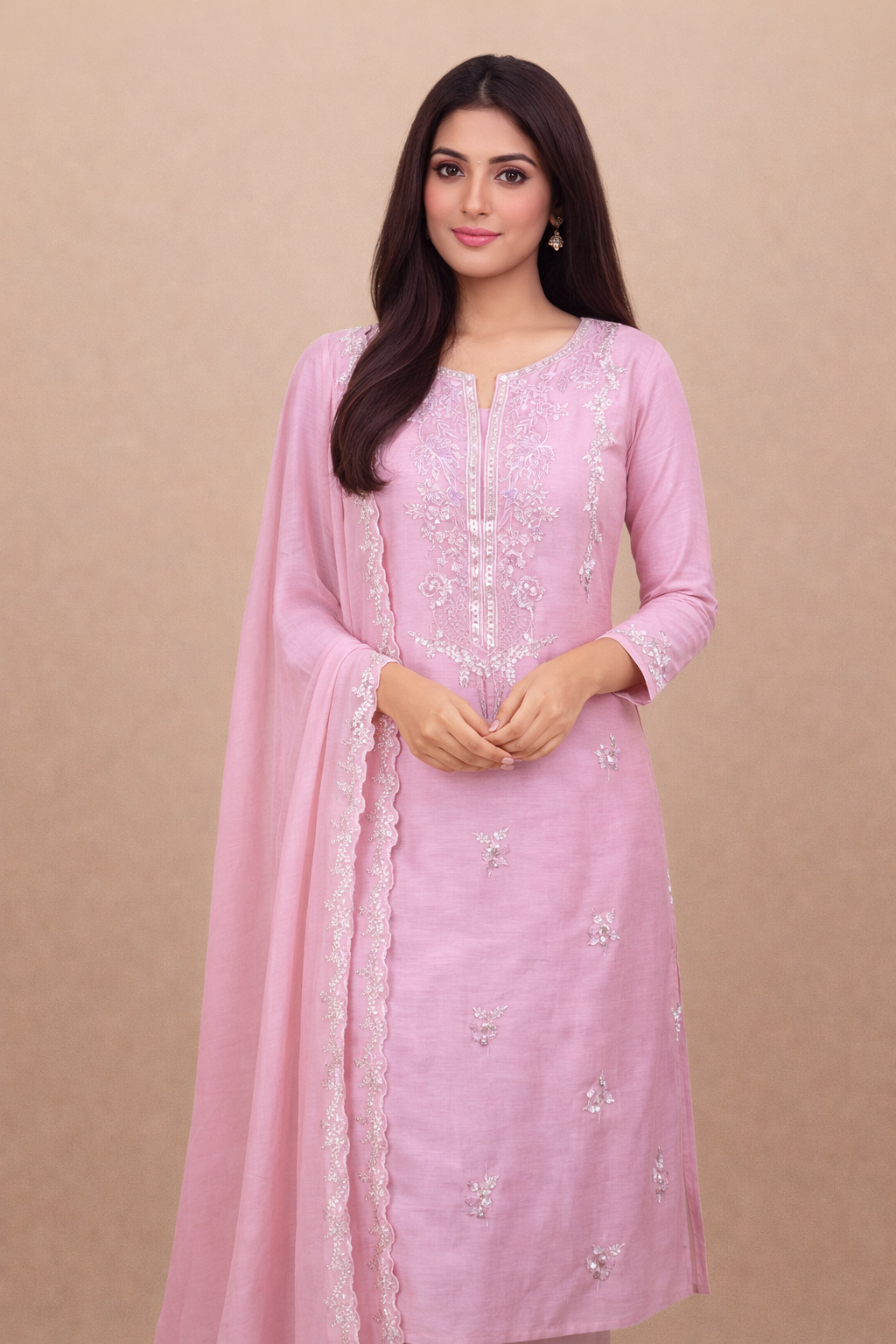 Pure Mulmul Chanderi with Pitta Sequence Hand embroidery Suit