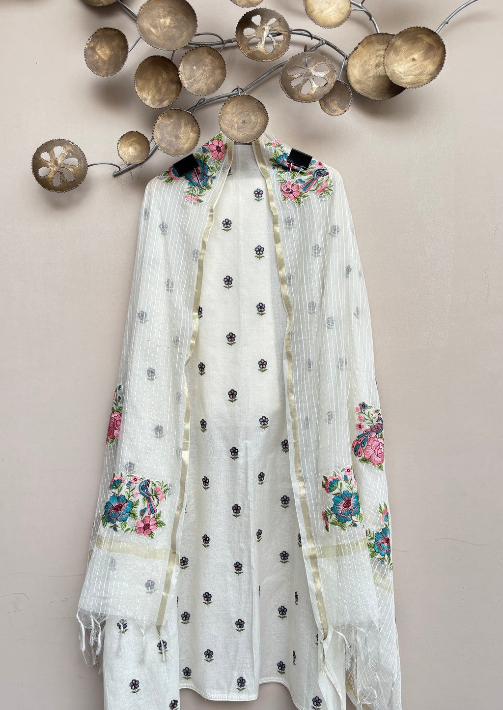 White Mulmul Chanderi with Floral Embroidery Suit