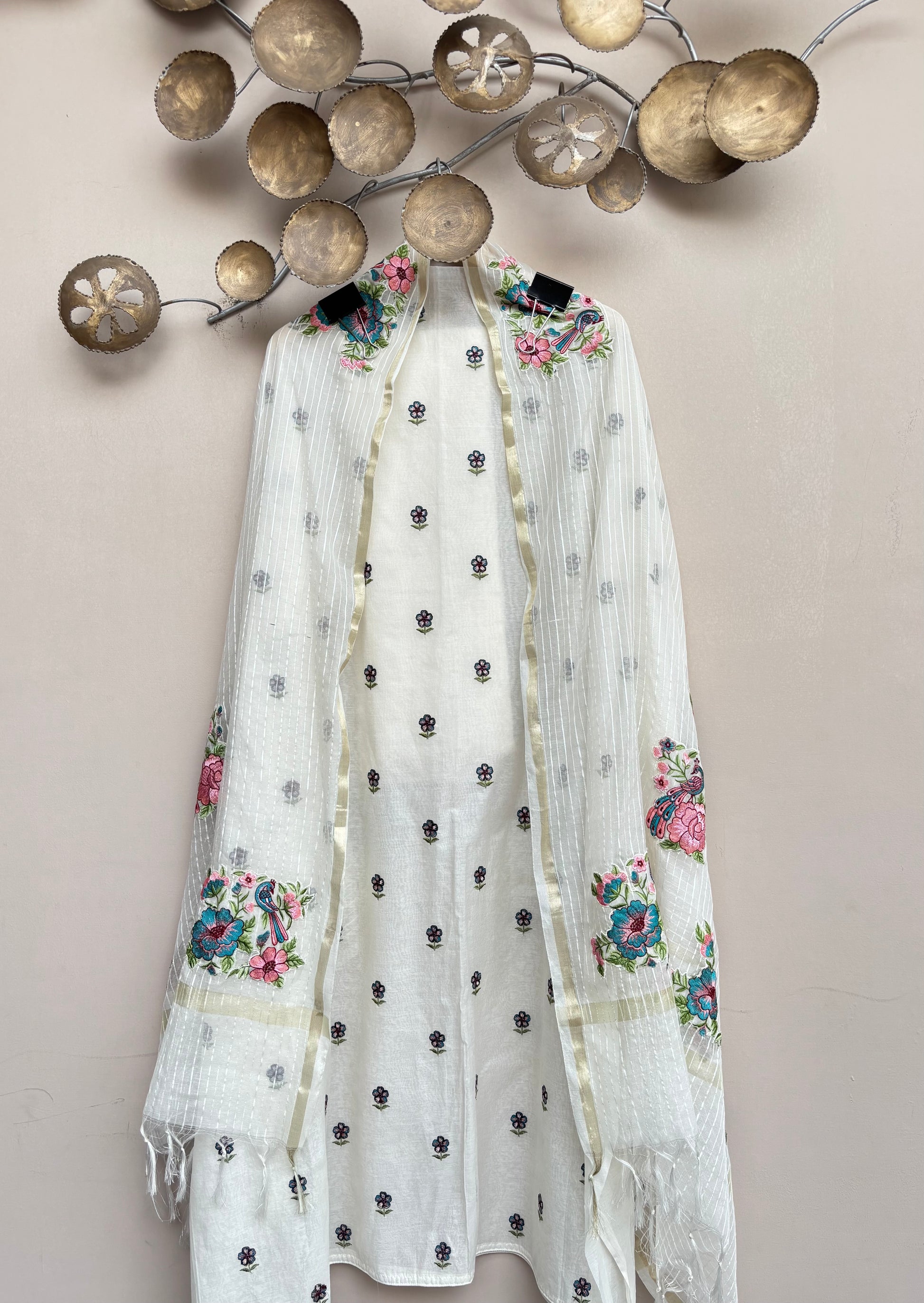 White Mulmul Chanderi with Floral Embroidery Suit
