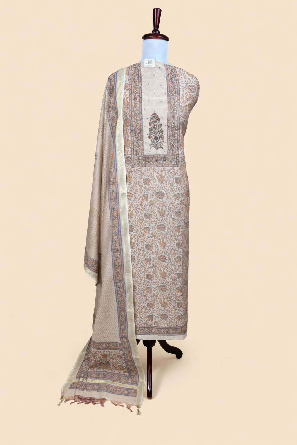 Brown Gold Pure Chanderi Floral Printed and Zaradozi work Embroidery Suit
