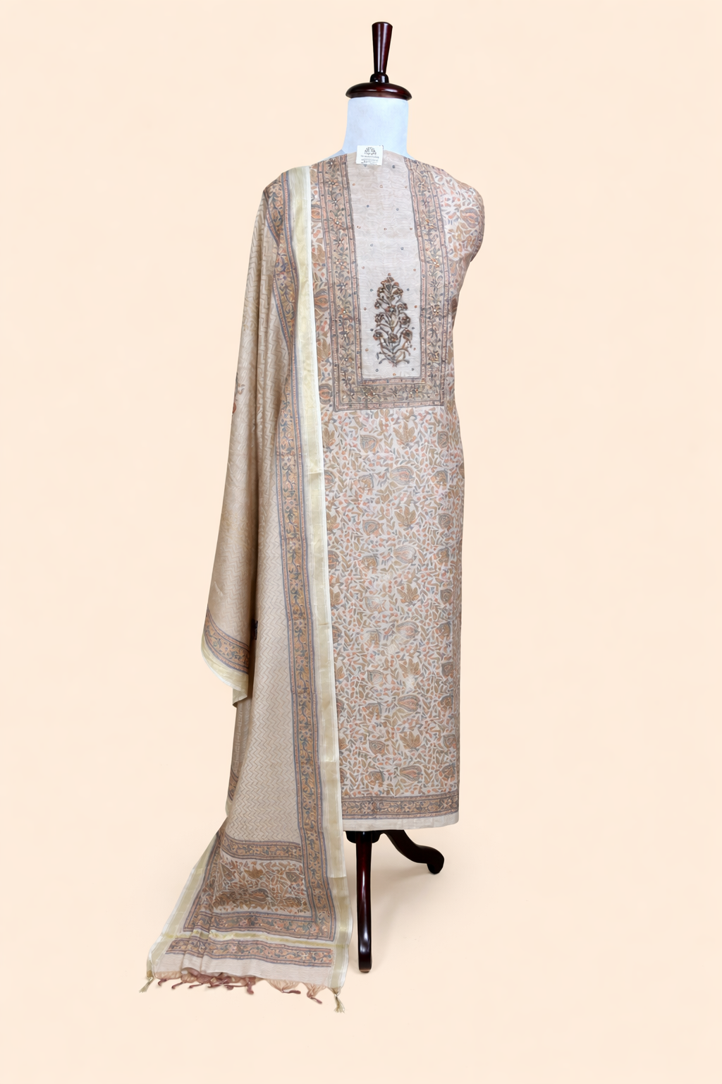Brown Gold Pure Chanderi Floral Printed and Zaradozi work Embroidery Suit
