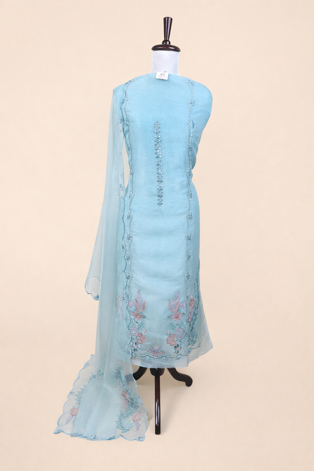 Cyan Pure Organza with Mirror, Dori and Applique Embroidery Suit