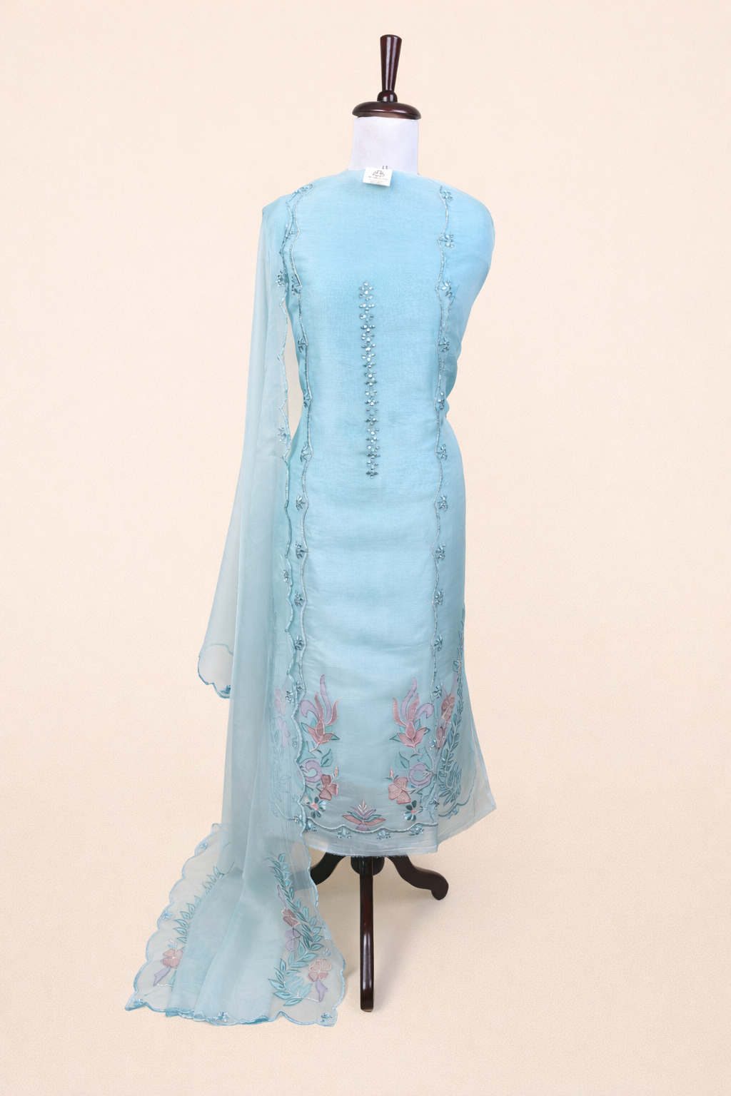 Cyan Pure Organza with Mirror, Dori and Applique Embroidery Suit