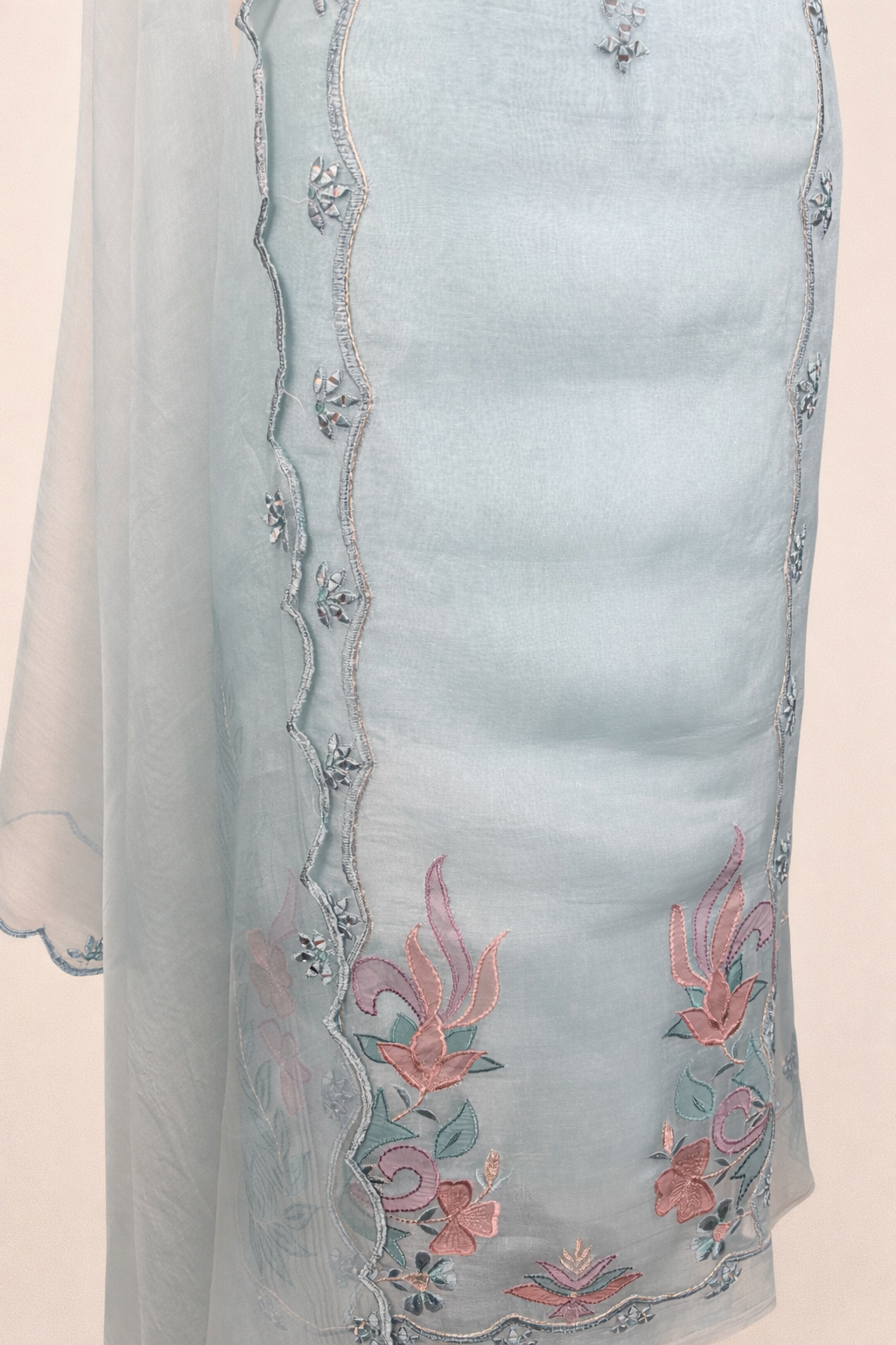 Cyan Pure Organza with Mirror, Dori and Applique Embroidery Suit