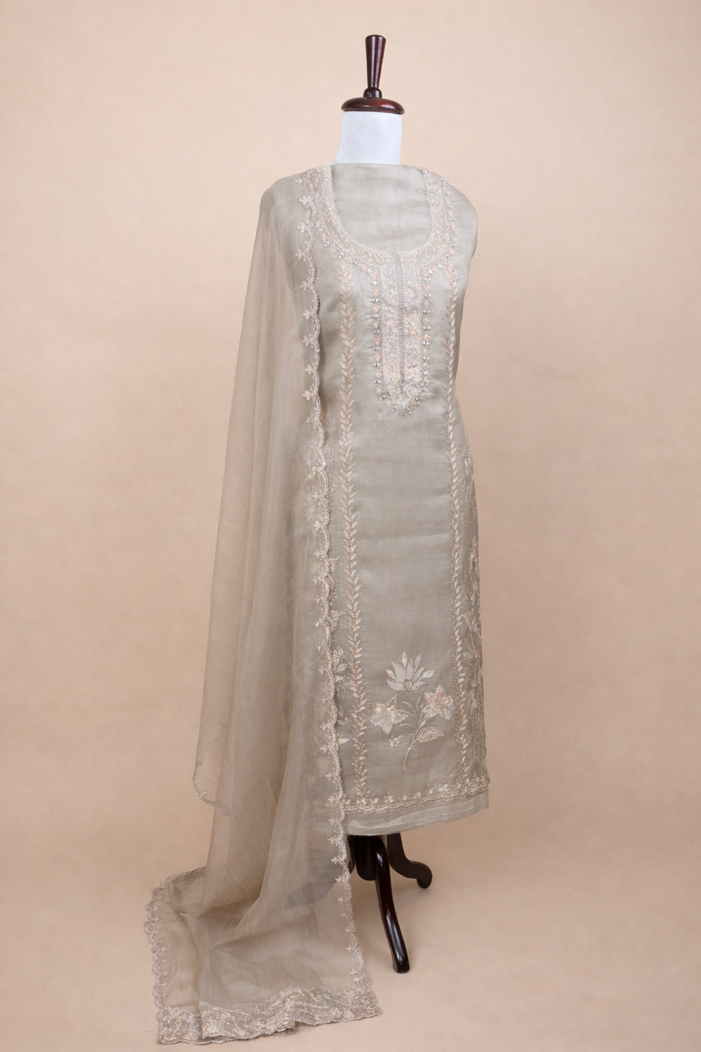 Beige Pure Organza with Mirror,Dori and Applique Embroidery Suit